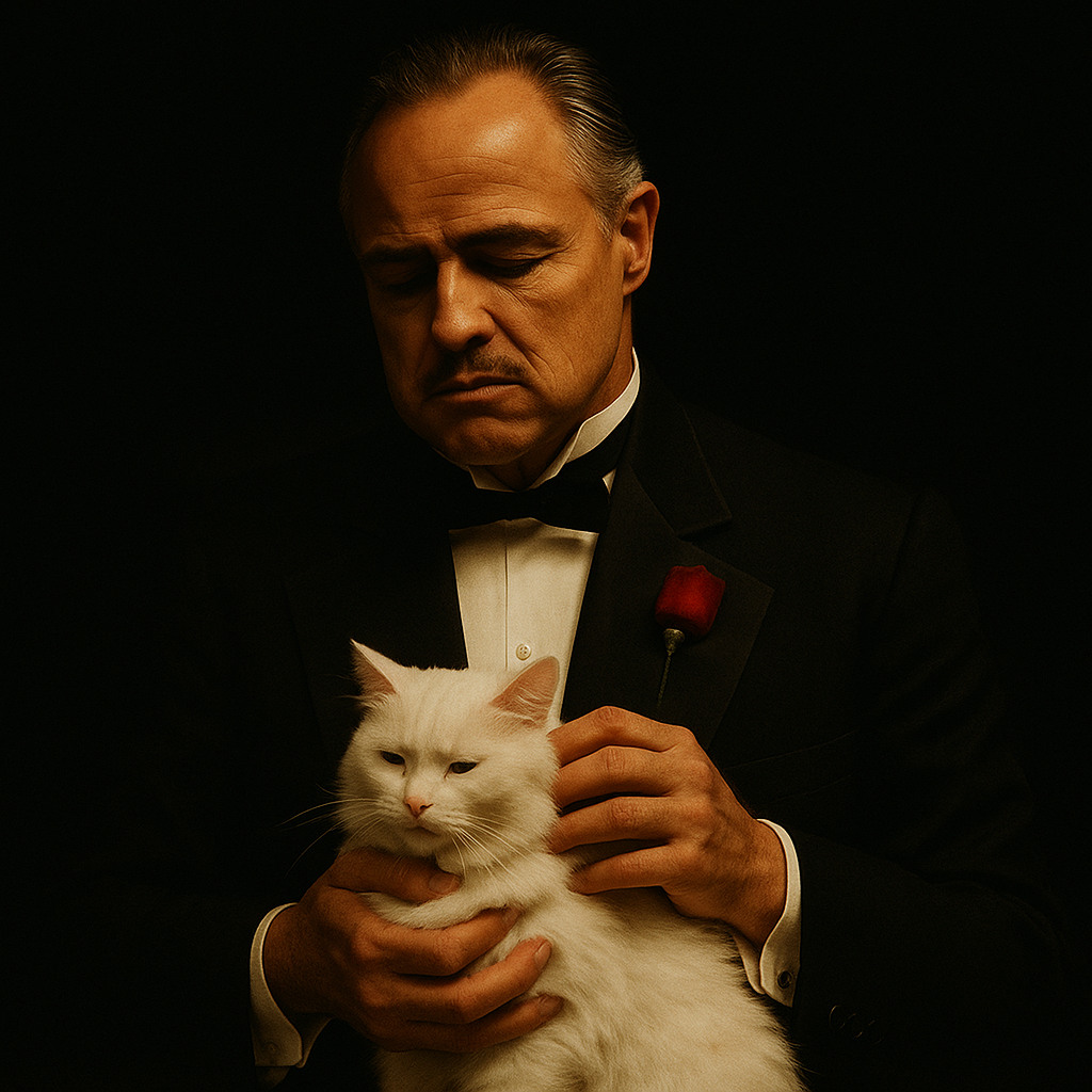 Il Padrino mentre accarezza un gatto bianco che tiene tra le mani