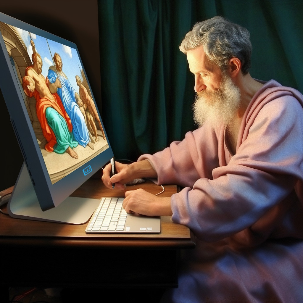 Michelangelo mentre dipinge Il Giudizio Universale usando un computer iMac