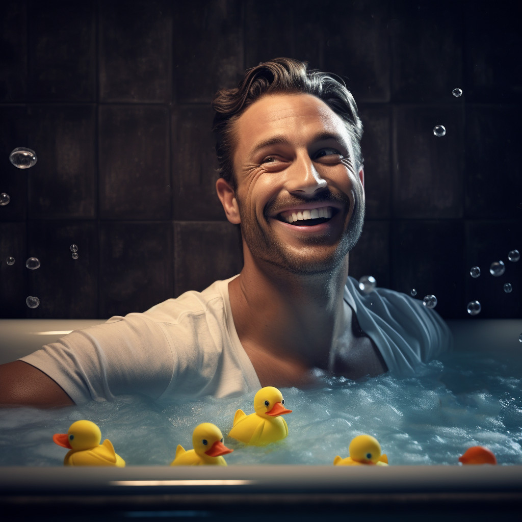 Ragazzo bello muscoloso fa il bagno in vasca con la paperella gialla