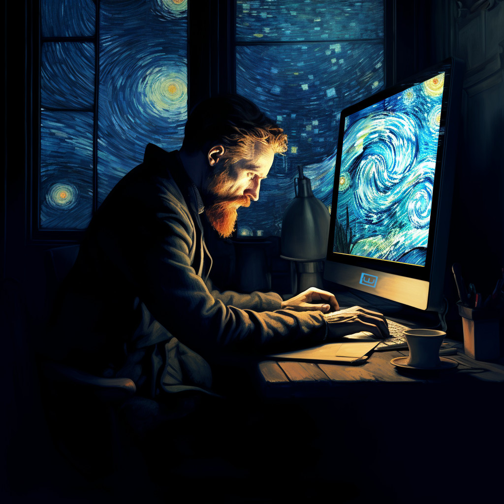 Vincent Van Gogh mentre dipinge il cielo stellato di fronte all'iMac