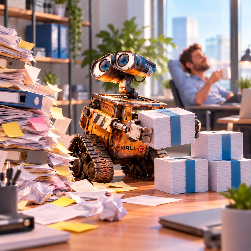 Wall-E riordina documenti aziendali mentre un imprenditore si rilassa e risparmia tempo