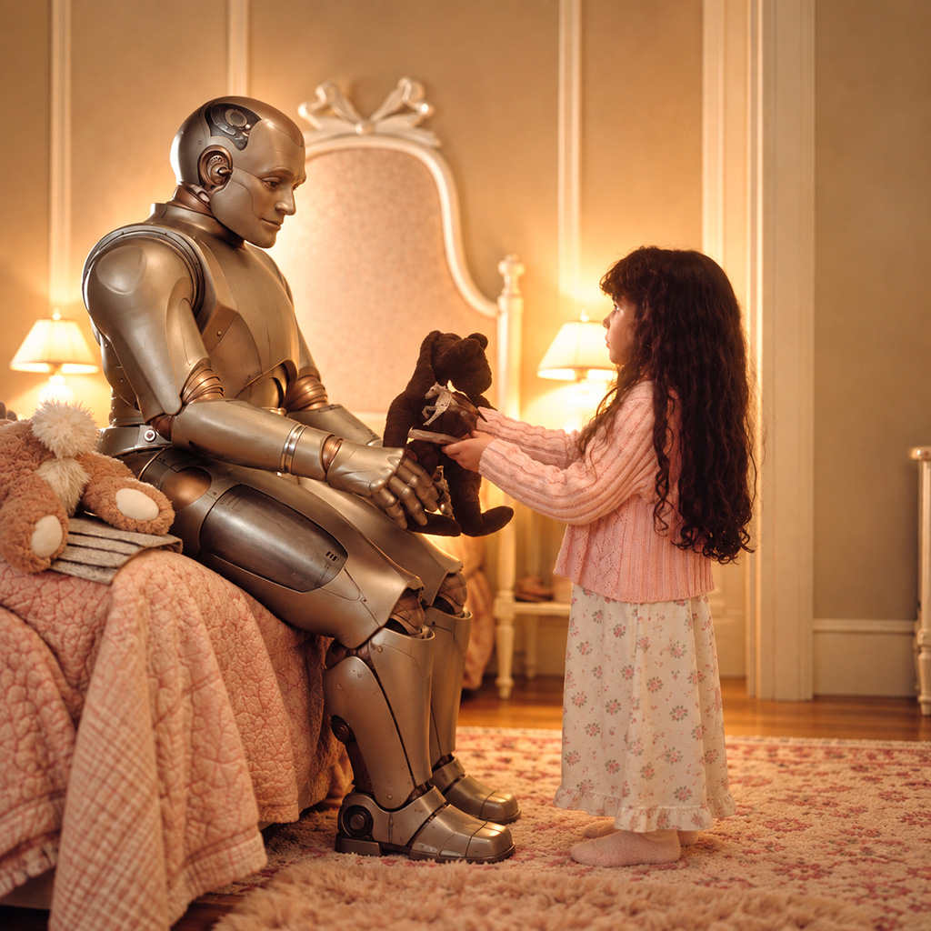 Robot umanoide con una bambina che gli porge un orsacchiotto, scena ispirata al film L'uomo bicentenario