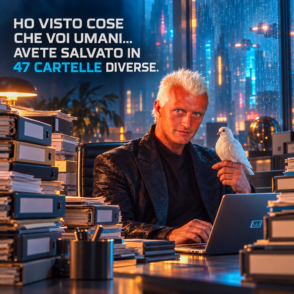 Roy Batty di Blade Runner in un ufficio futuristico tra cartelle aziendali, computer e una colomba bianca