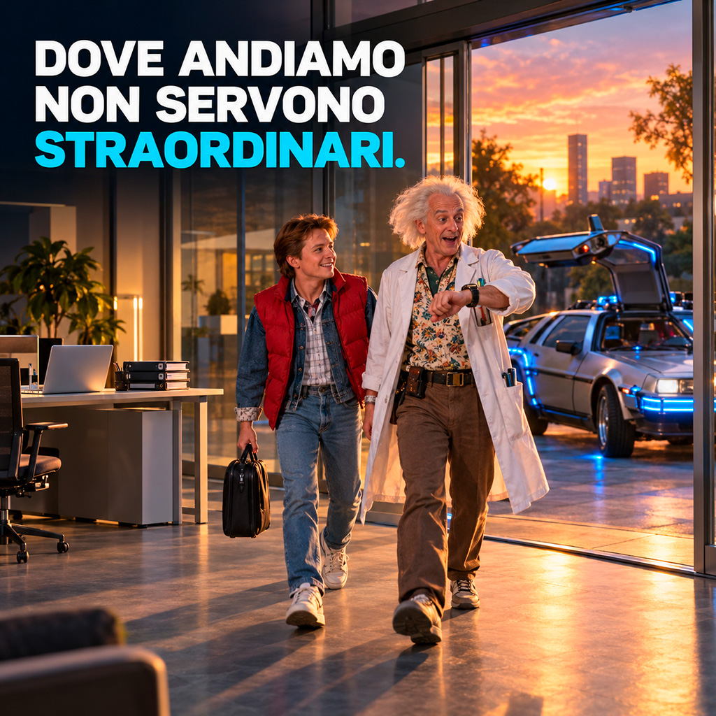 Doc Brown e Marty McFly escono prima dall'ufficio grazie al tempo risparmiato con l'Intelligenza Artificiale