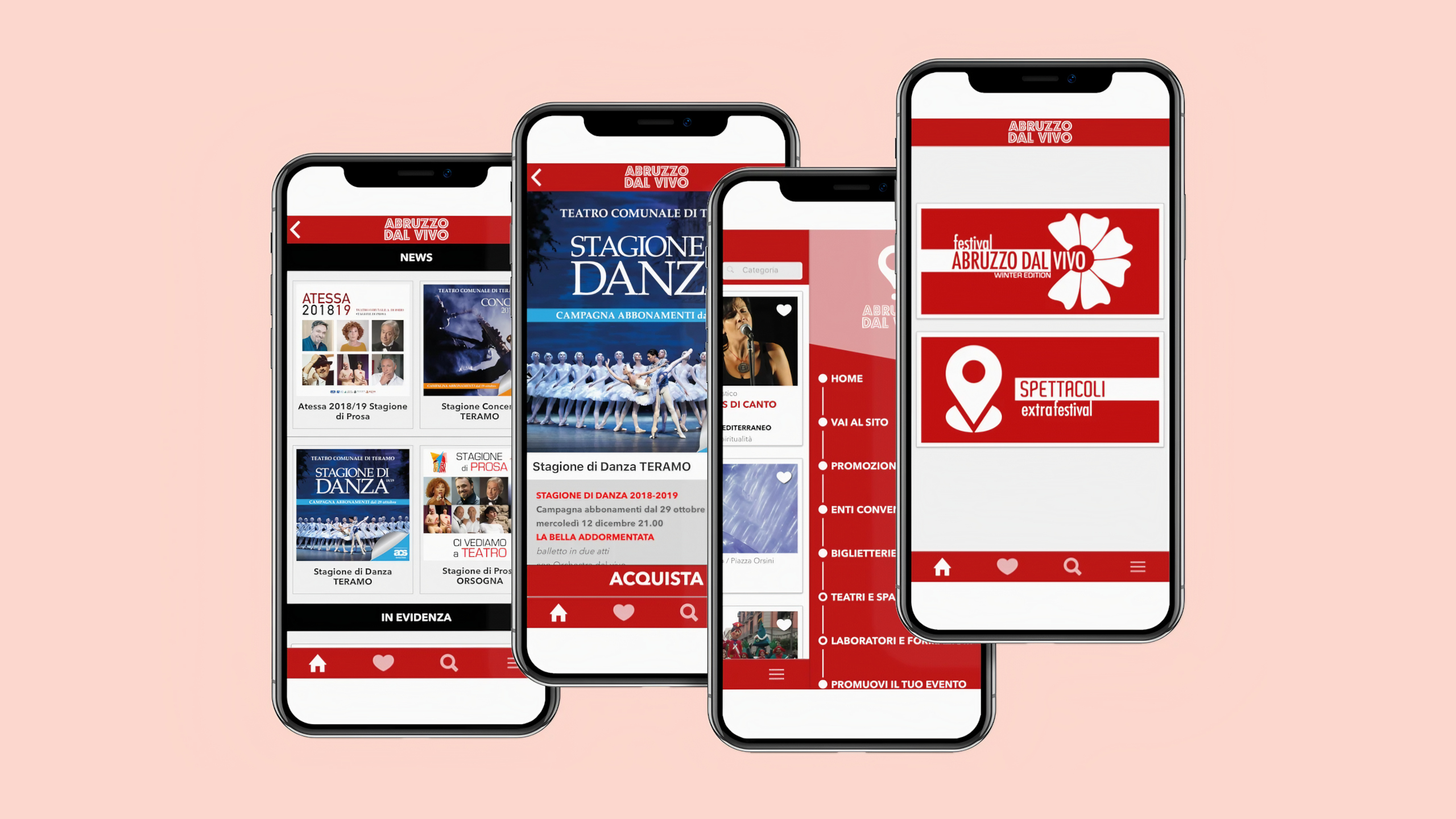 Mockup App Apple iPhone con le schermate Abruzzo dal Vivo