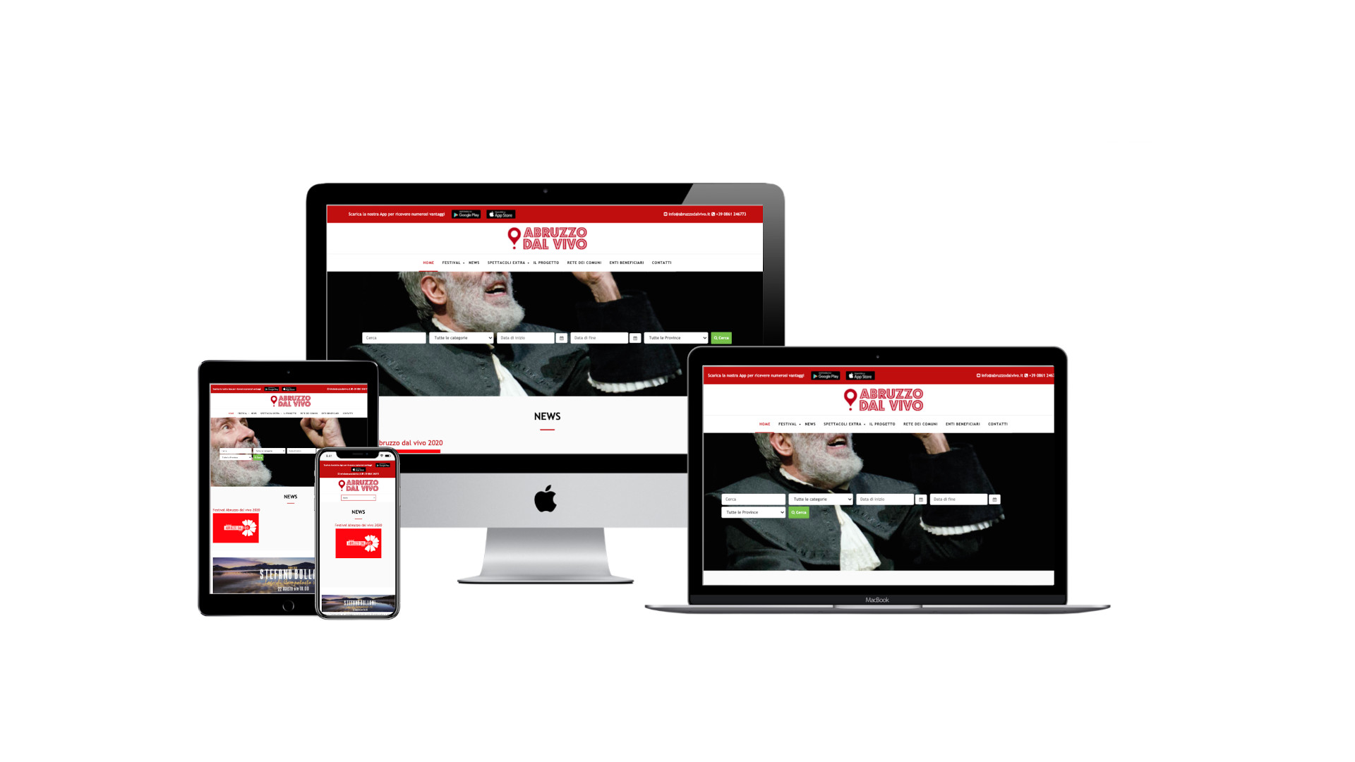 Mockup iMac sulla scrivania con Home Page responsive multi device del Sito Web di Abruzzo Dal Vivo