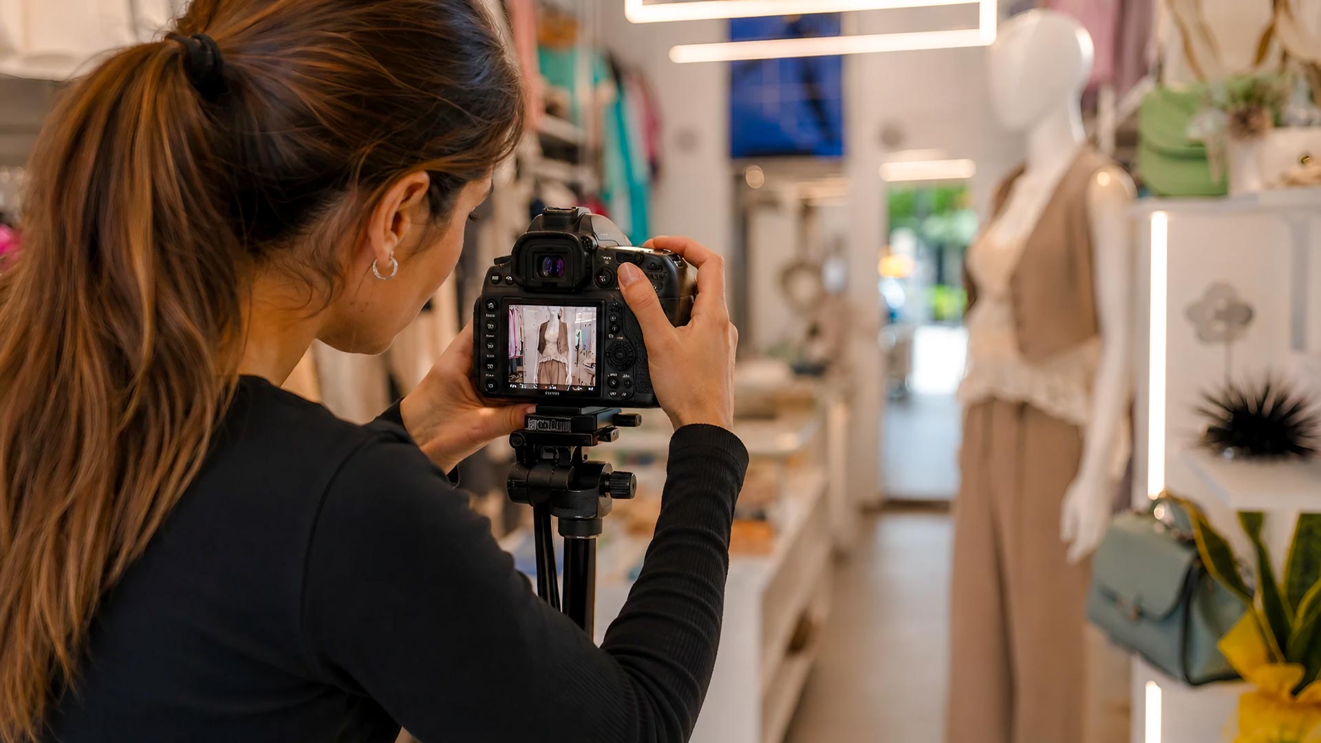 Fotografa al lavoro tra abiti e accessori moda durante lo shooting fotografico per Altra Idea Moda di Isola del Gran Sasso