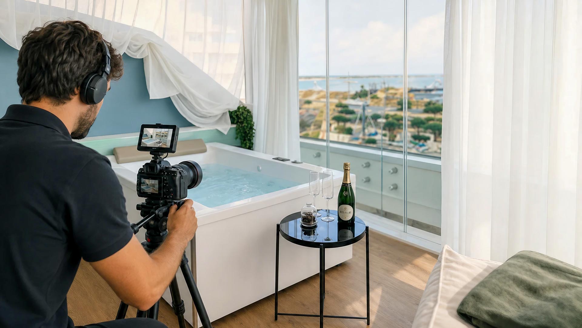 Videomaker durante le riprese di una suite AmaMare con vasca idromassaggio