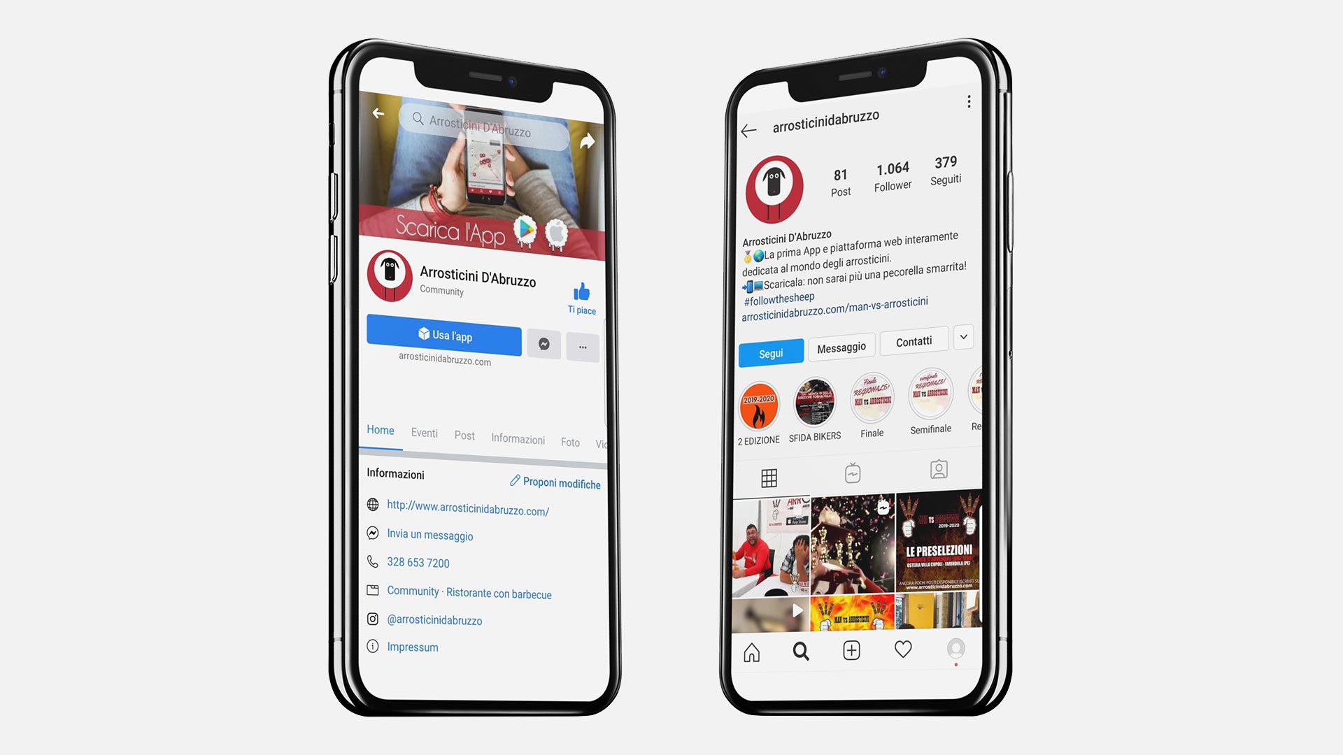Profili Facebook e Instagram di Arrosticini d'Abruzzo visualizzati su smartphone