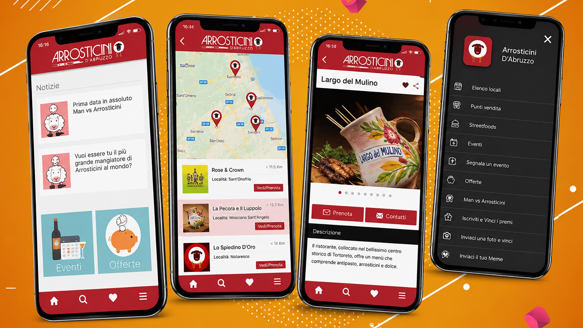 Mockup schermate dell'app Arrosticini d'Abruzzo per iOS e Android Abruzzo Teramo