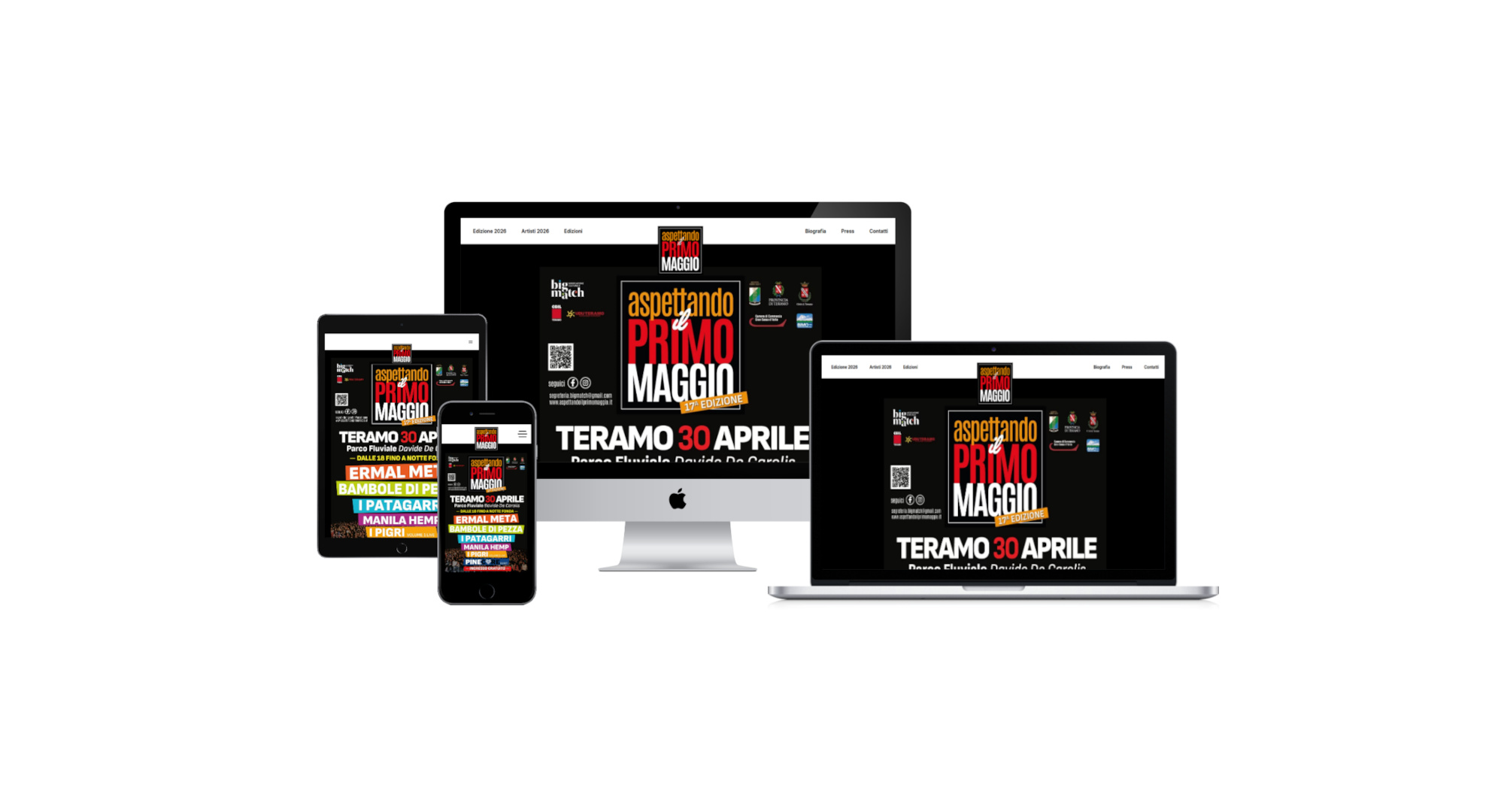 Mockup iMac iPad MacBook con Home Page multi device del sito web di Aspettando Il Primo Maggio di Teramo