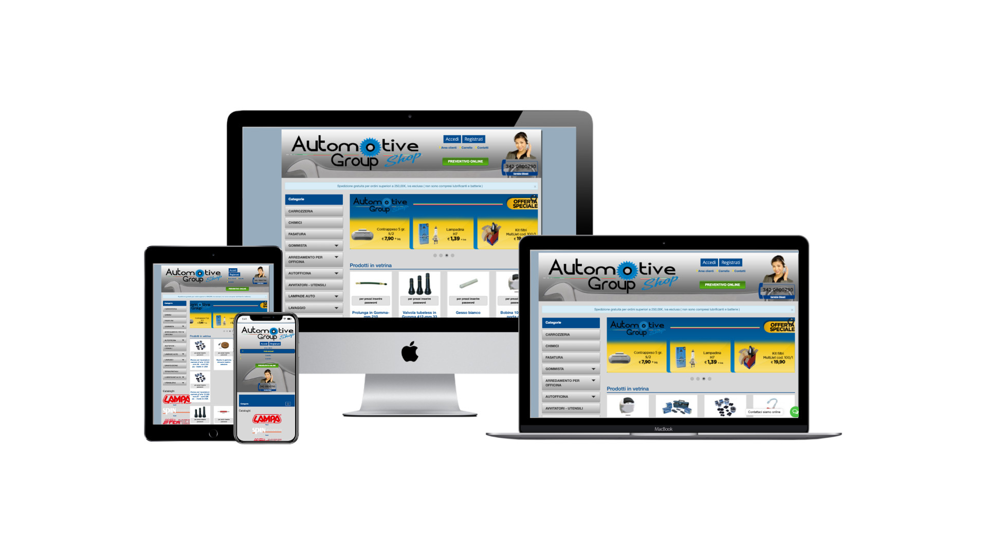 Mockup iMac sulla scrivania con Home Page responsive multi device del Sito Web di Automotive 24 Shop