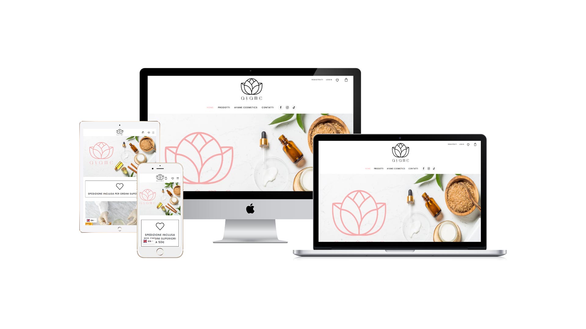 Mockup cross browser del Sito Web E-Commerce Ayame Cosmetics