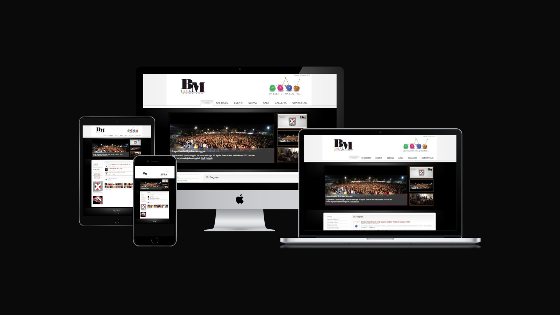 Mockup iMac sulla scrivania con Home Page responsive multi device del Sito Web di BM Idea di Teramo