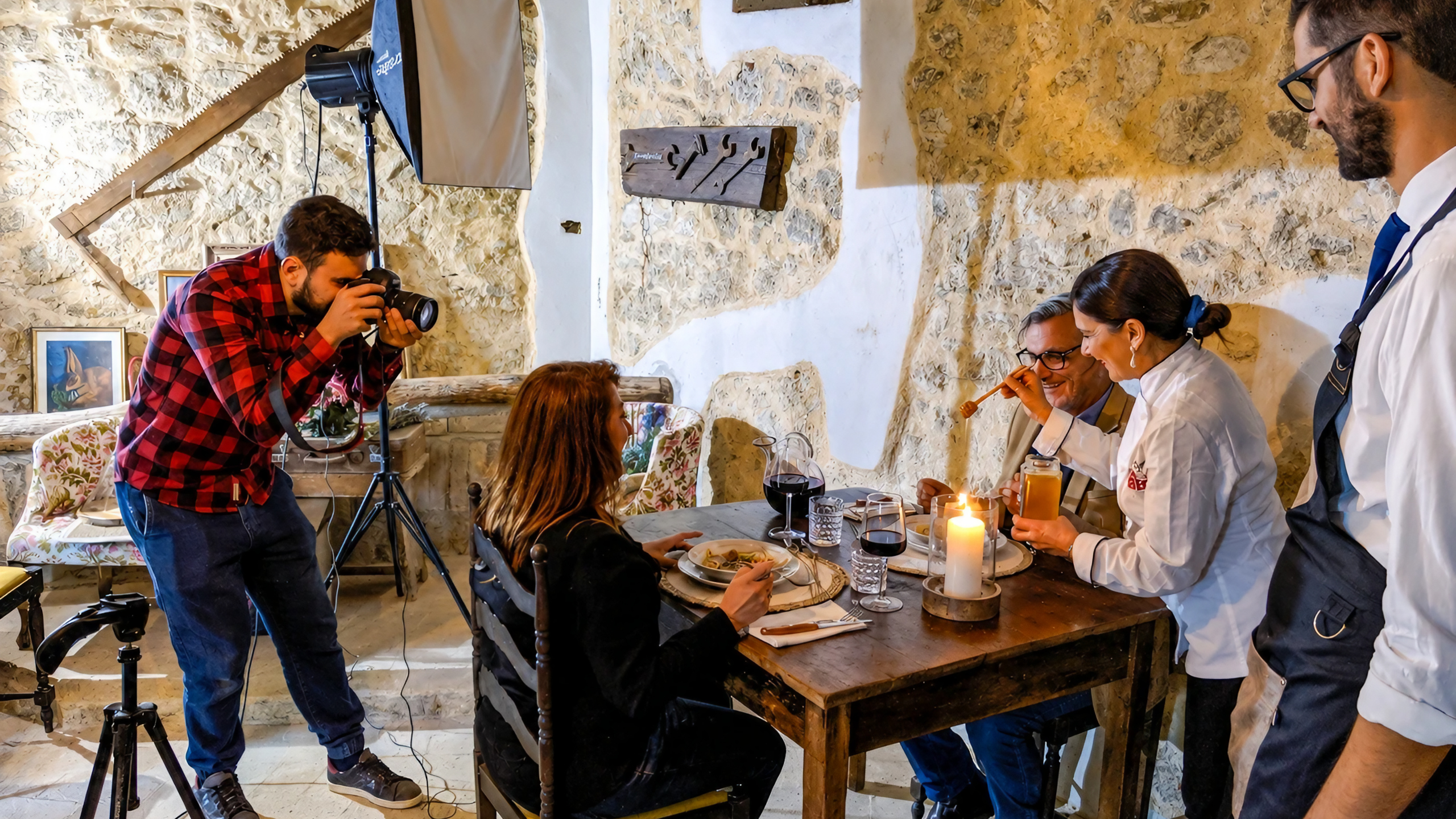 Fotografo servizio fotografico durante una cena con ospiti nel rustico di Bottega Montecchia di Teramo in Abruzzo