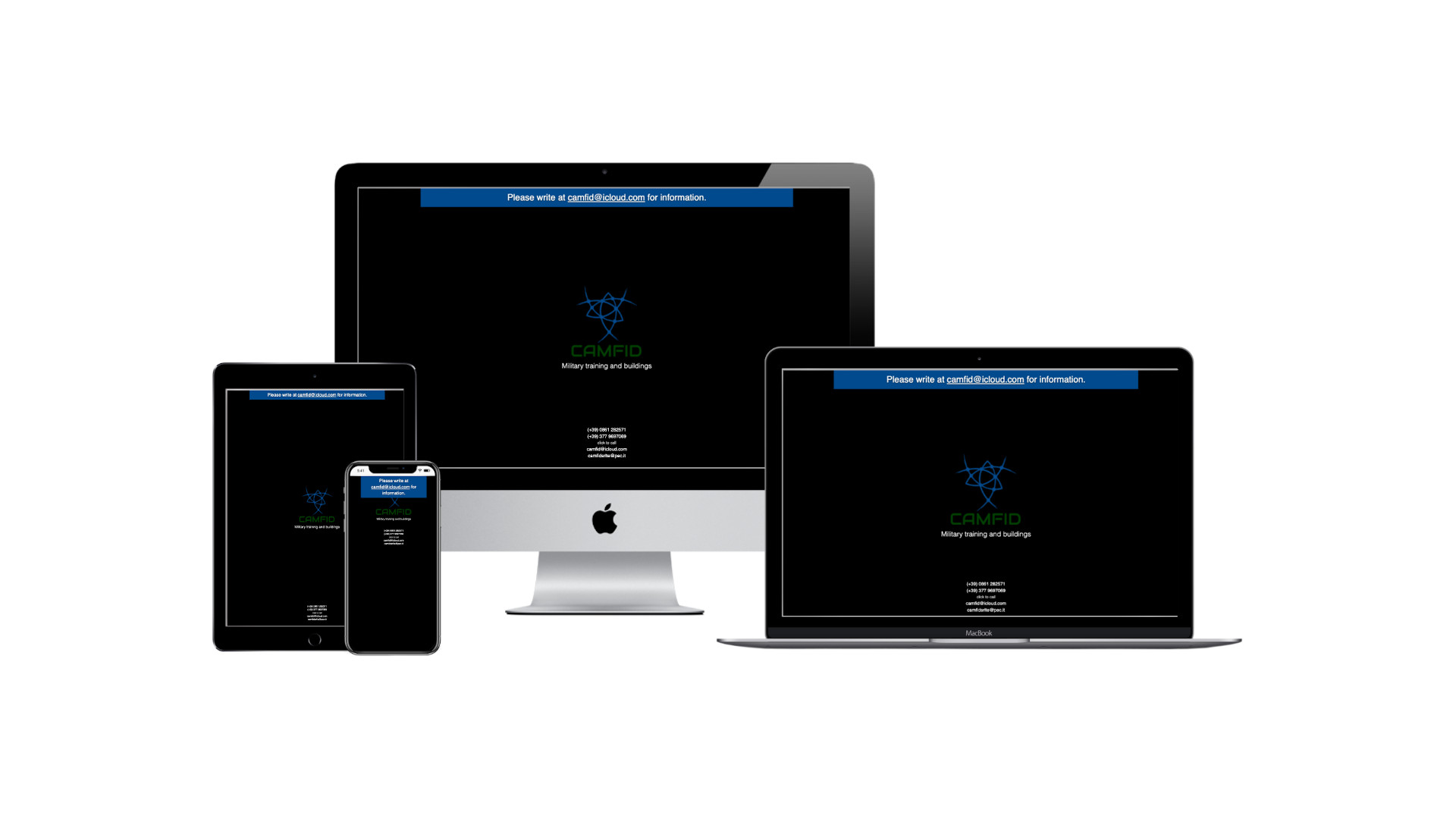 Mockup iMac sulla scrivania con Home Page responsive multi device del Sito Web di CamFid di Teramo