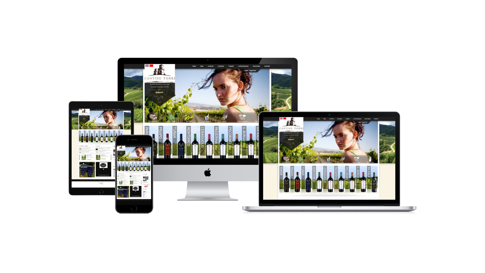 Mockup iMac iPad MacBook con Home Page responsive multi device del Sito Web di Cantine Torri di Torano Nuovo