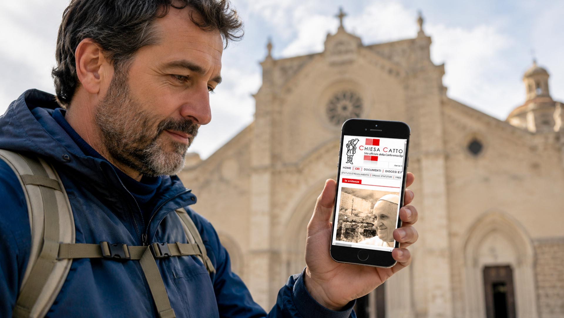 Pellegrino davanti a una chiesa mentre consulta Catholic App.it sullo smartphone