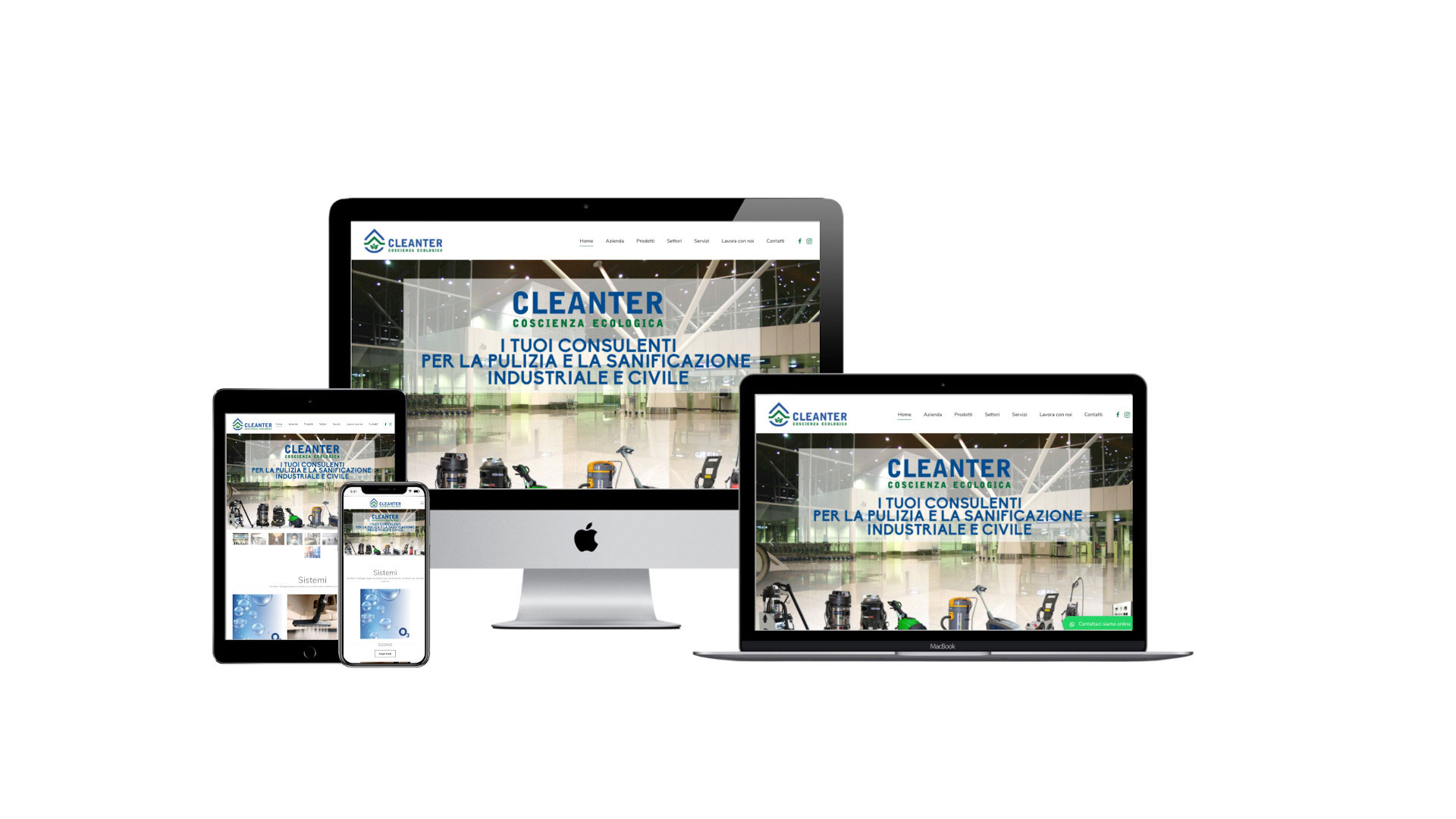 Mockup iMac sulla scrivania con Home Page responsive multi device del Sito Web di Cleanter di Teramo