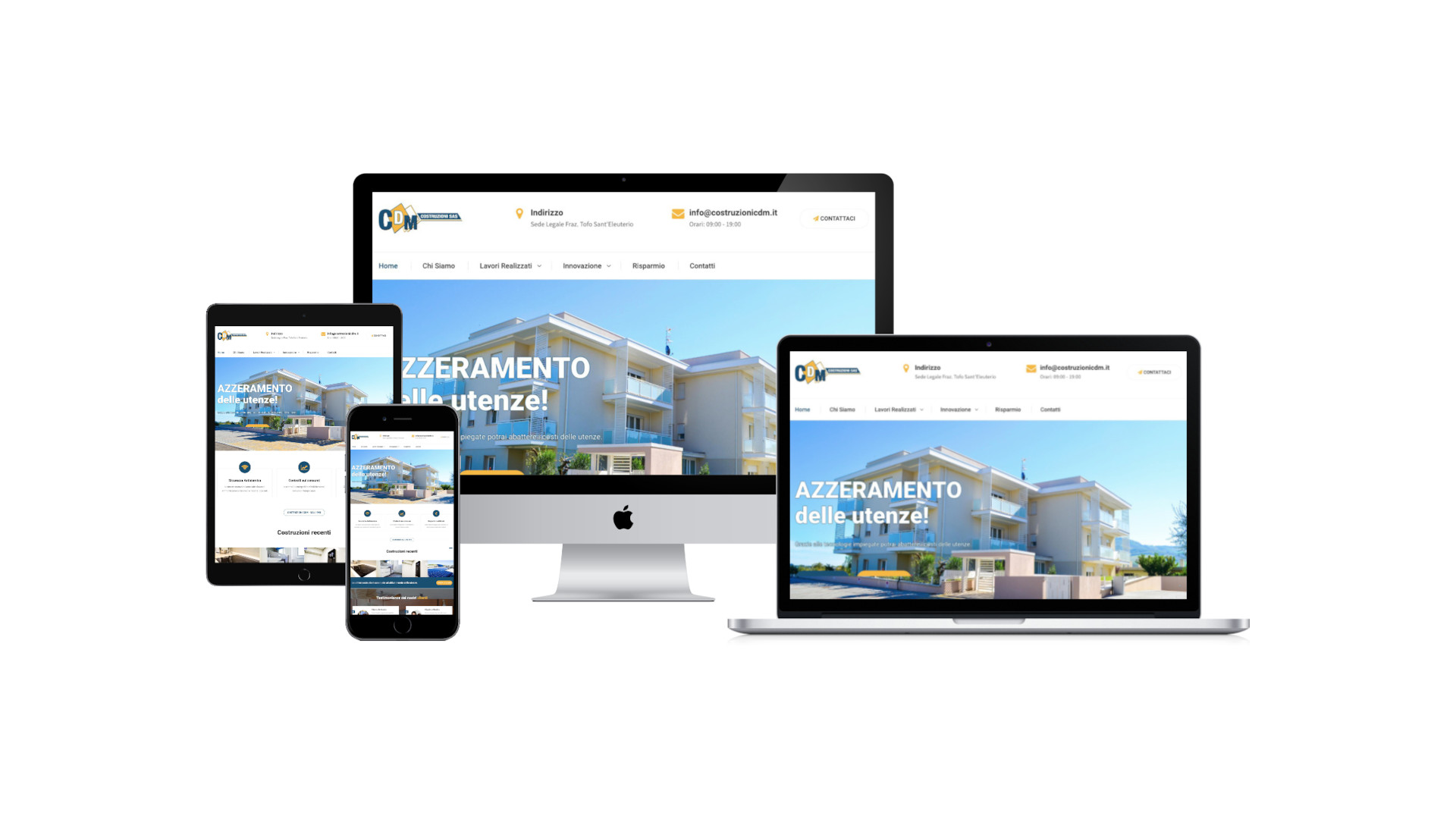 Mockup iMac sulla scrivania con Home Page responsive multi device del Sito Web di Costruzioni CDM di Teramo