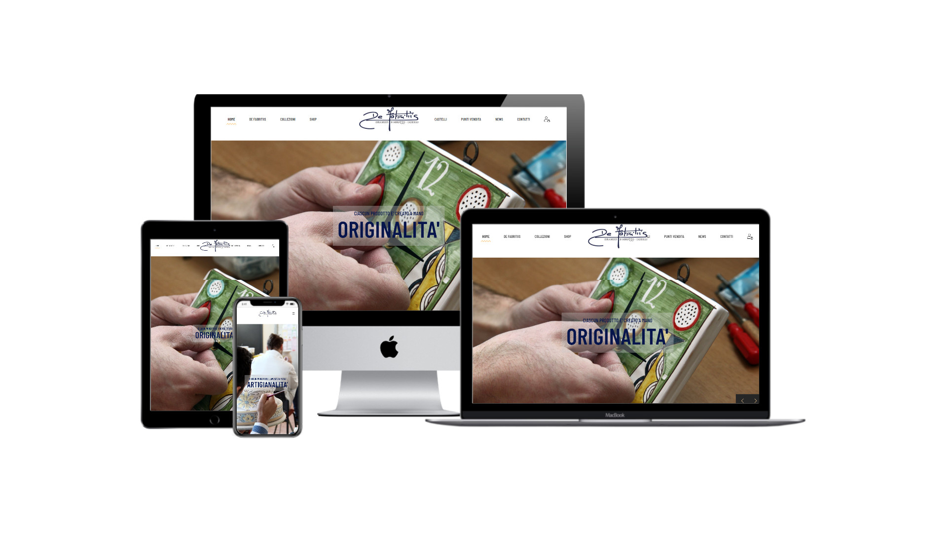Mockup multi device responsive con iMac iPad iPhone Mackbook del Sito Web De Fabritiis di Castelli Teramo in Abruzzo