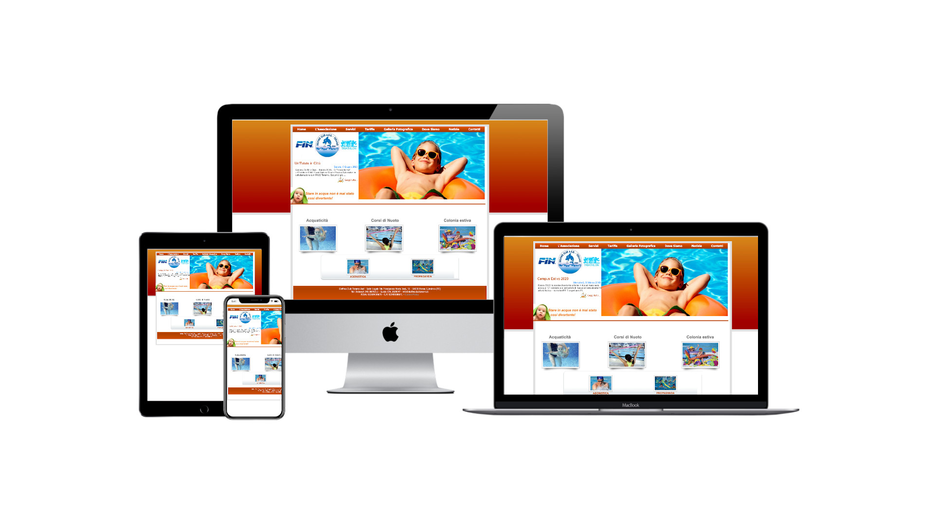Mockup iMac iPad MacBook con Home Page responsive multi device del Sito Web di Delfino Club Teramo