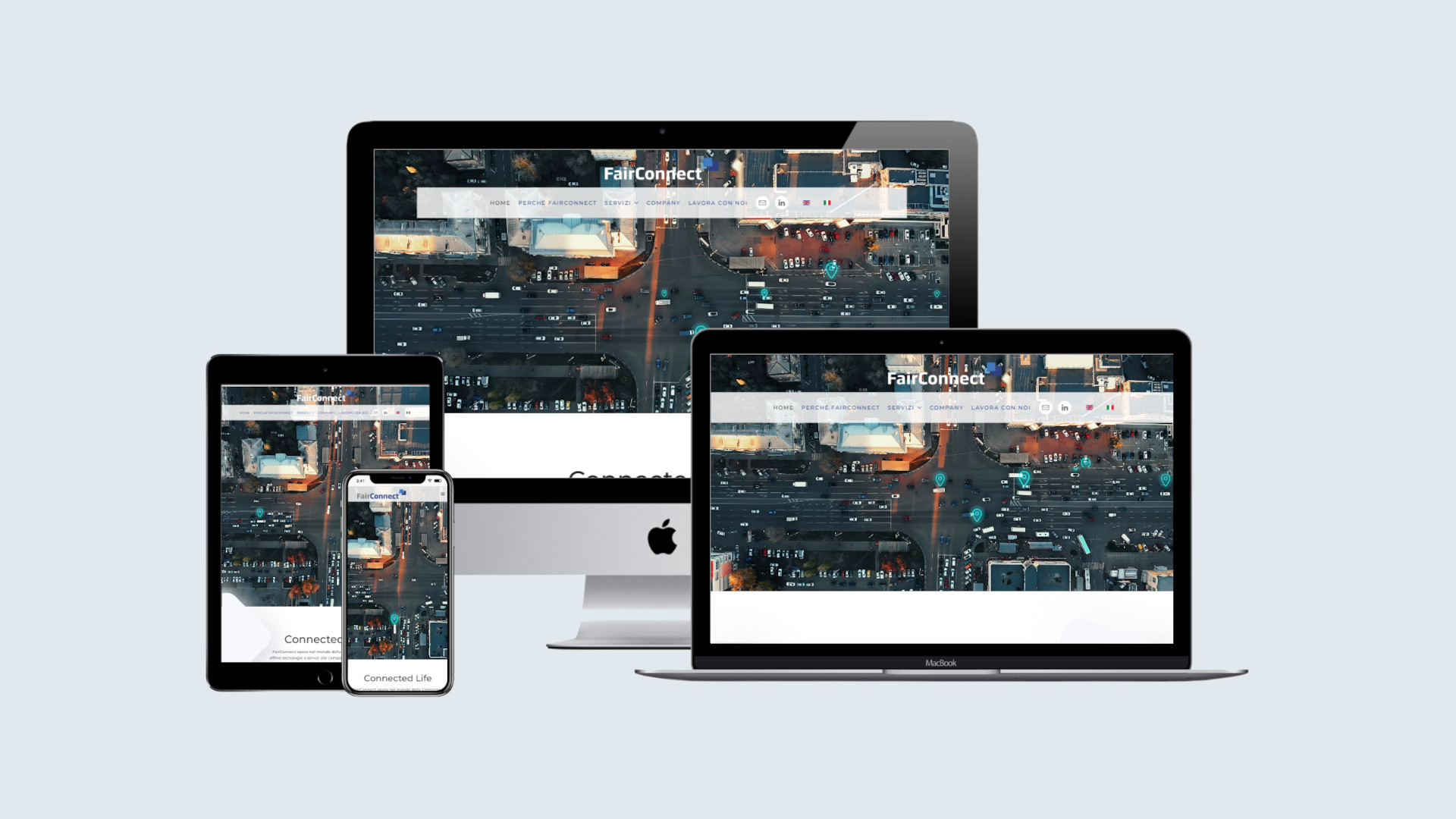 Mockup crossbrowser responsive multidevice della home page del Sito Web FairConnect