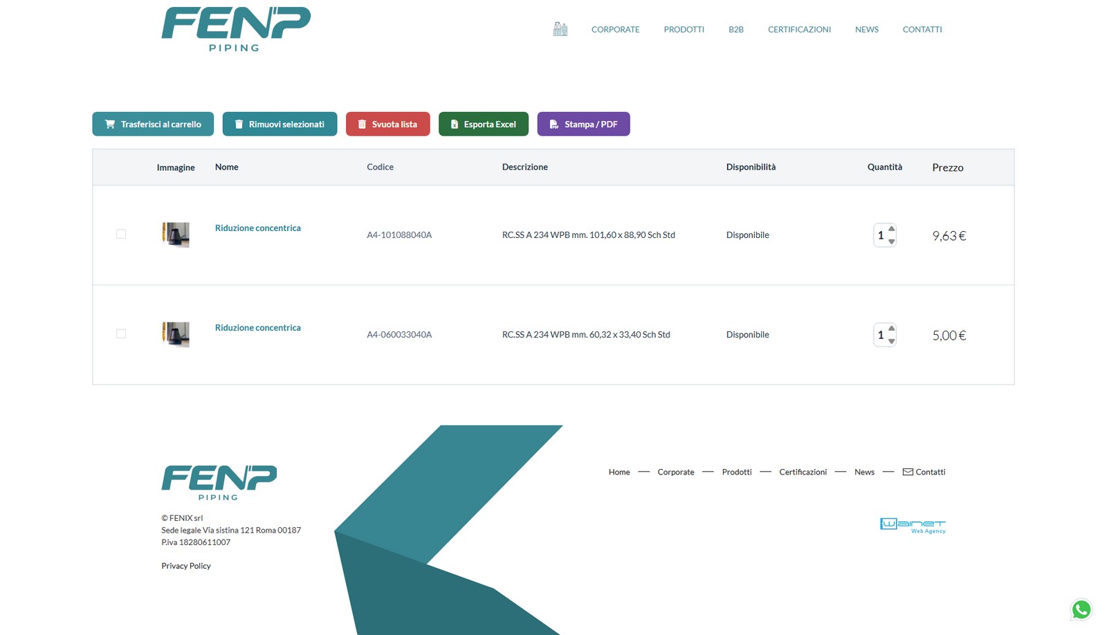 Pagina lista acquisti del portale E-Commerce B2B FENP