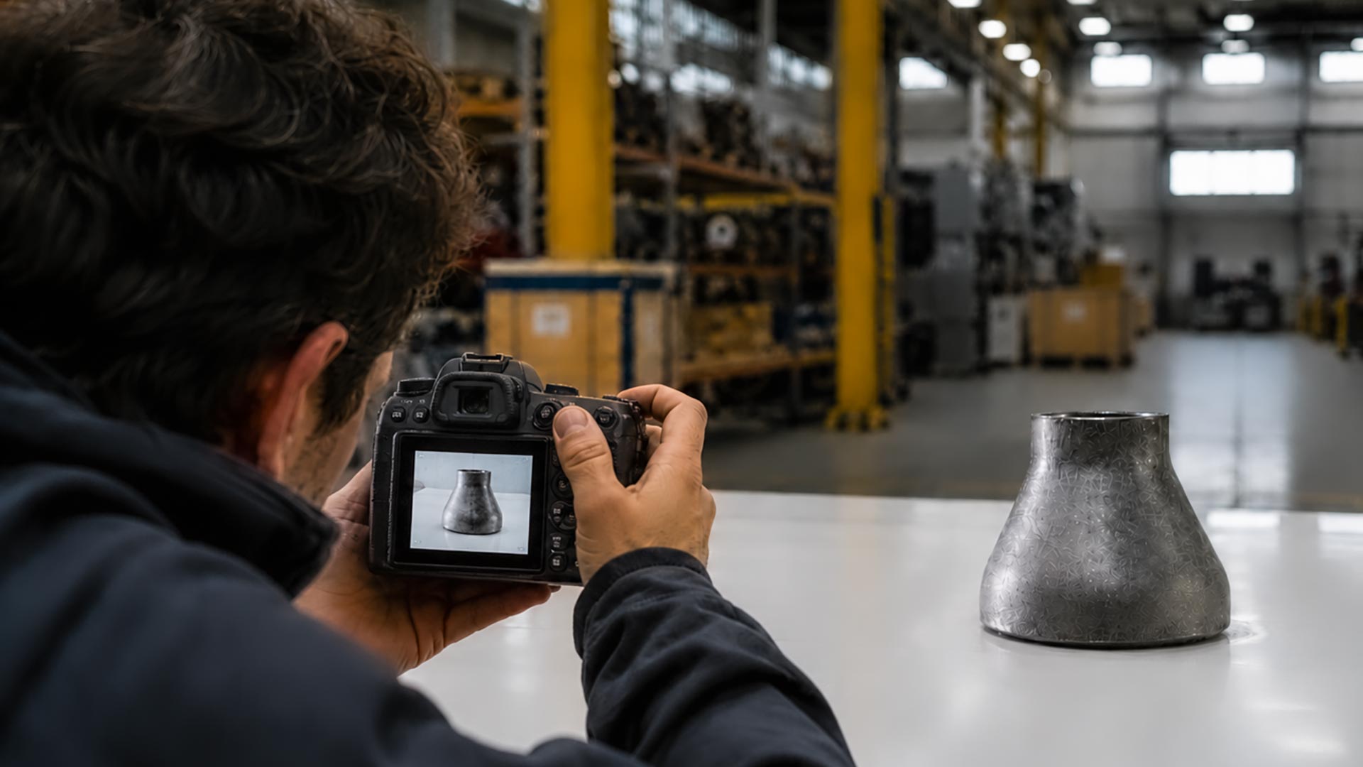 Fotografo durante shooting fotografico ai prodotti FENP in azienda