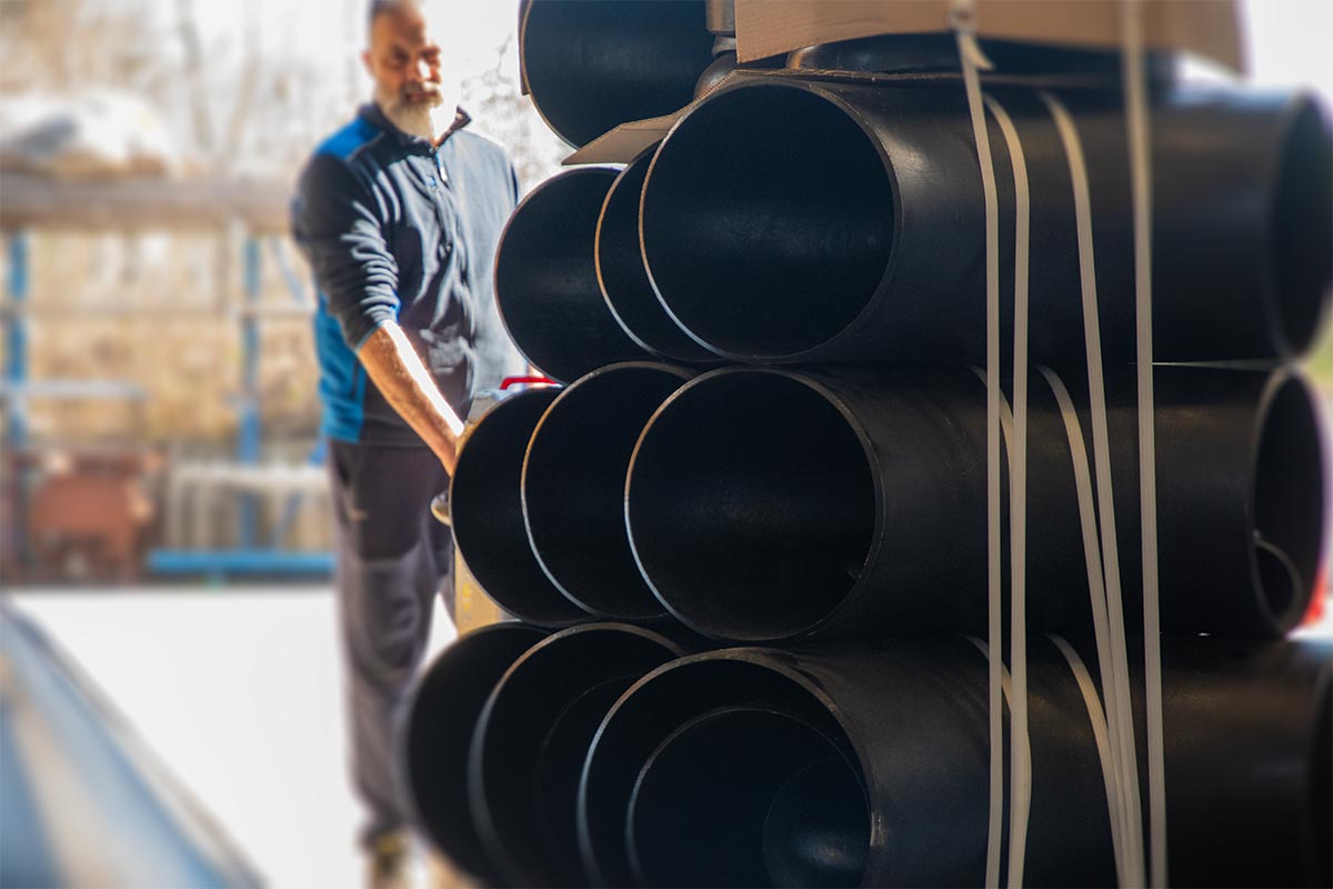 Magazziniere FENP mostra curve di grandi dimensioni su muletto all'interno del capannone industriale