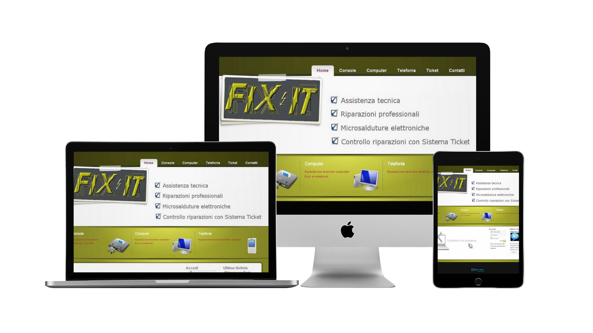 Mockup iMac sulla scrivania con Home Page responsive multi device del sito web di Fix-It di Teramo
