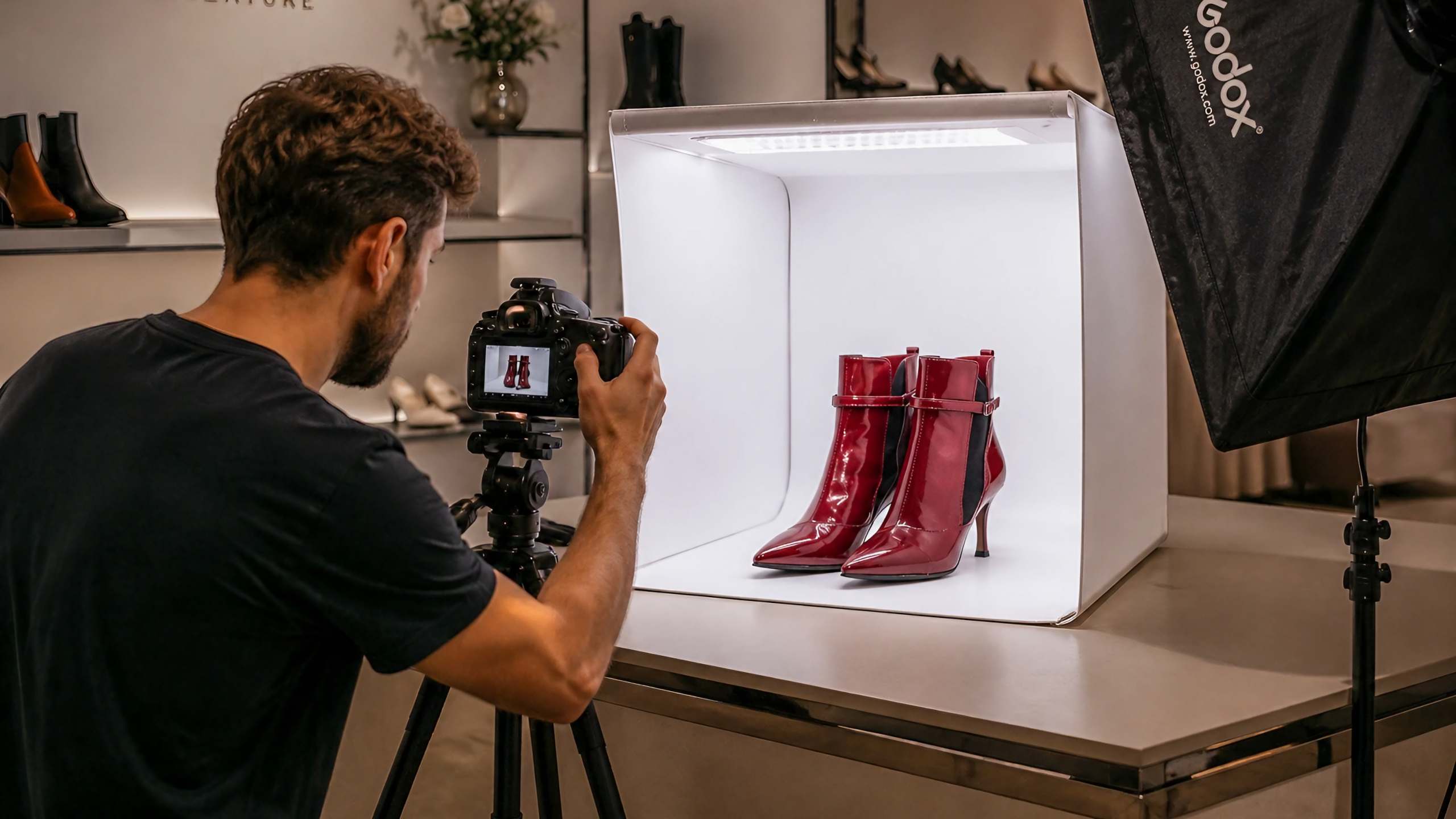 Fotografo durante lo shooting di un paio di scarpe nel negozio Florian Calzature