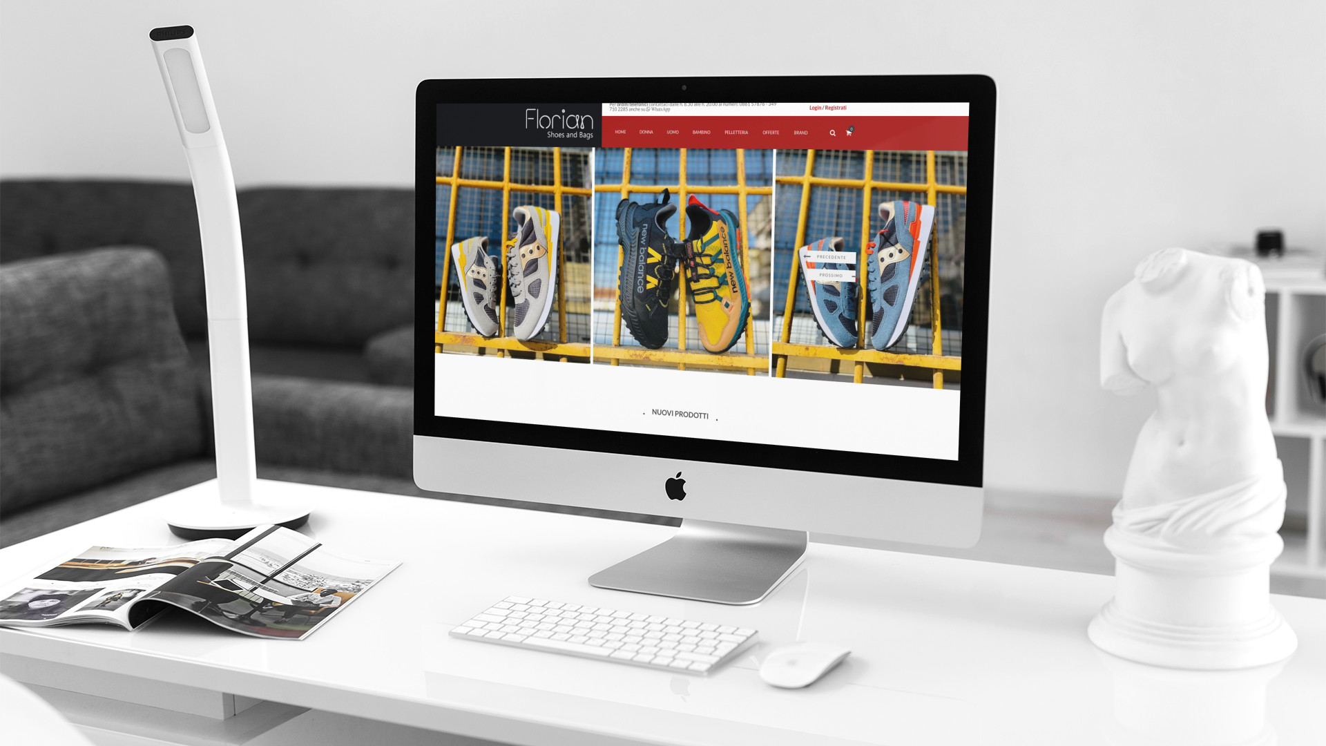 IMac con aperta la Home Page del sito web e-commerce di Florian Calzature di Teramo