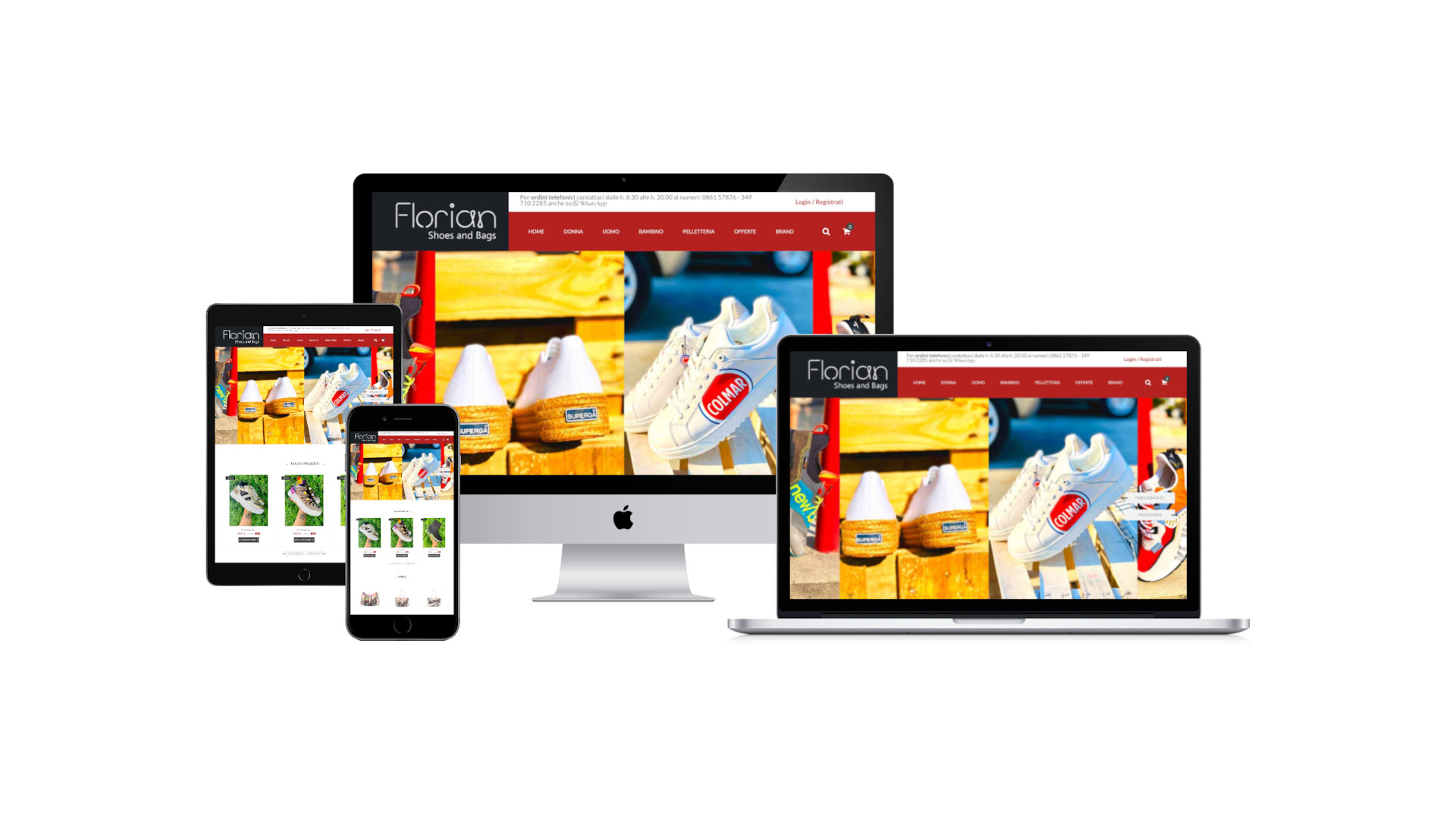 Mockup multi device del sito web e-commerce di Florian Calzature di Castelnuovo Vomano