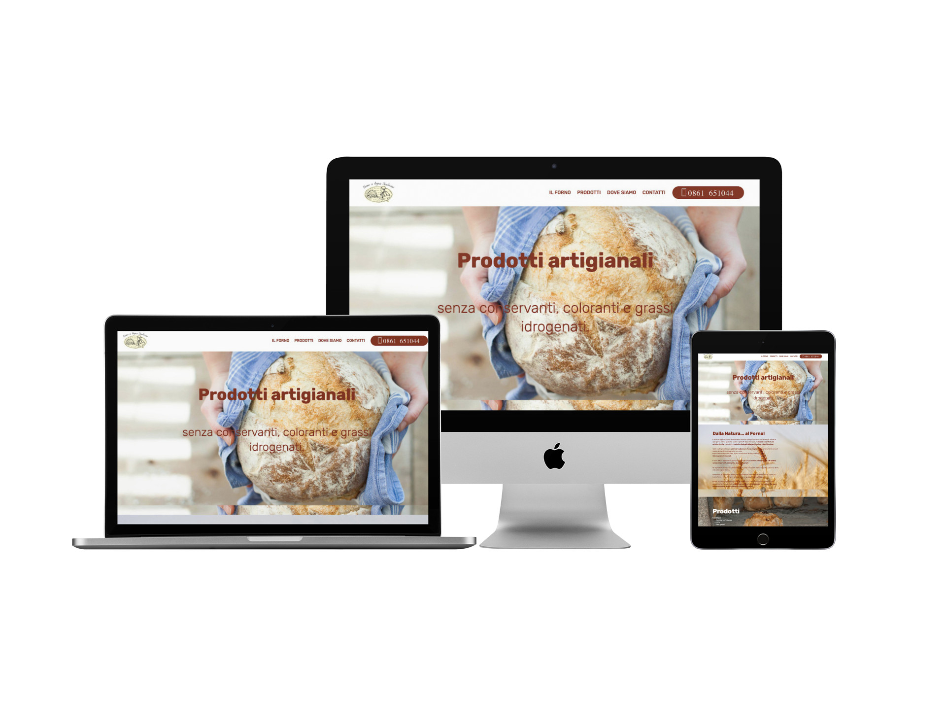 Sito del Forno a Legna Nustriani visualizzato su computer, tablet e smartphone