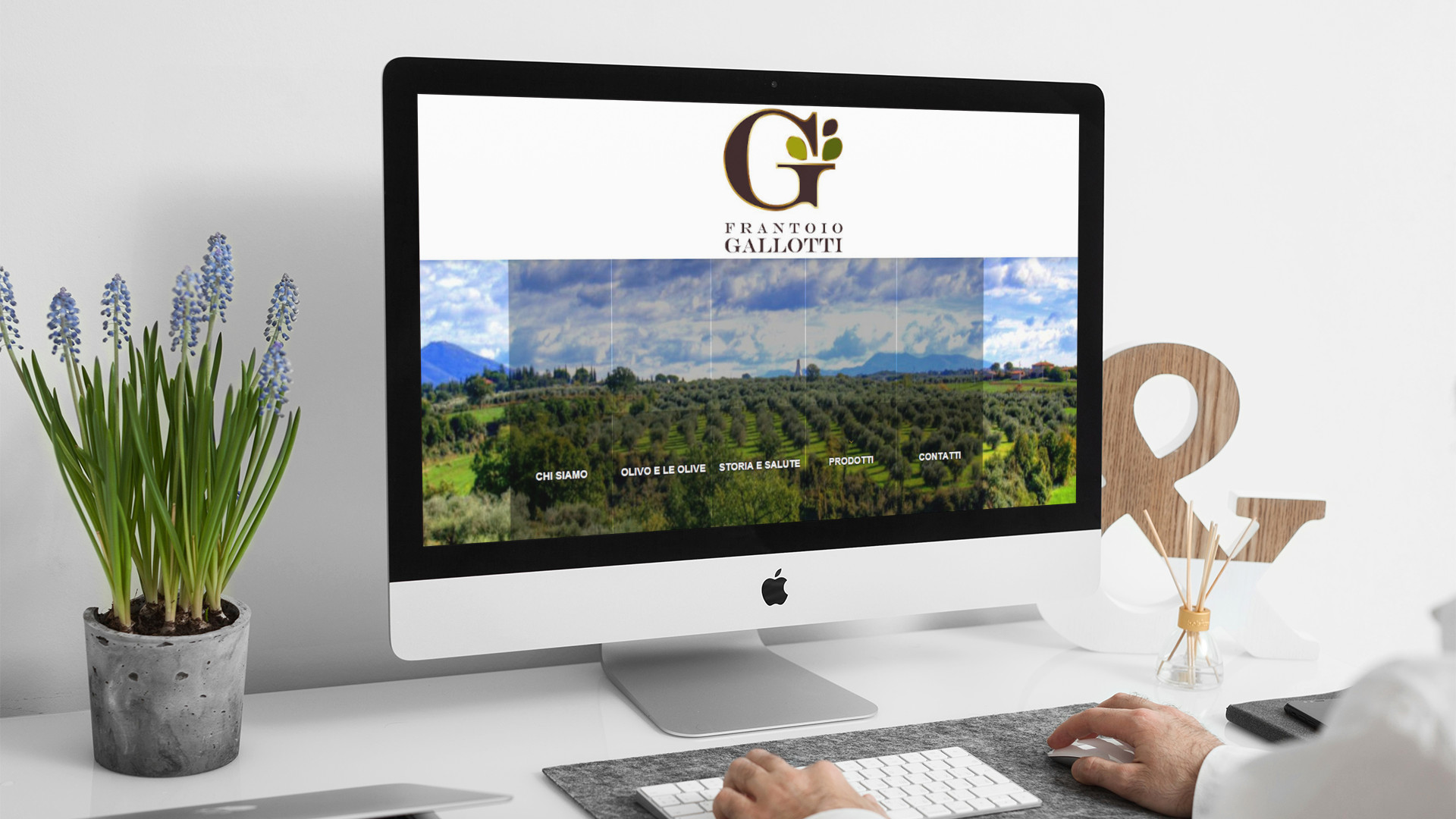 Uomo che guarda sull'iMac la Home Page del sito web del Frantoio Gallotti di Tivoli