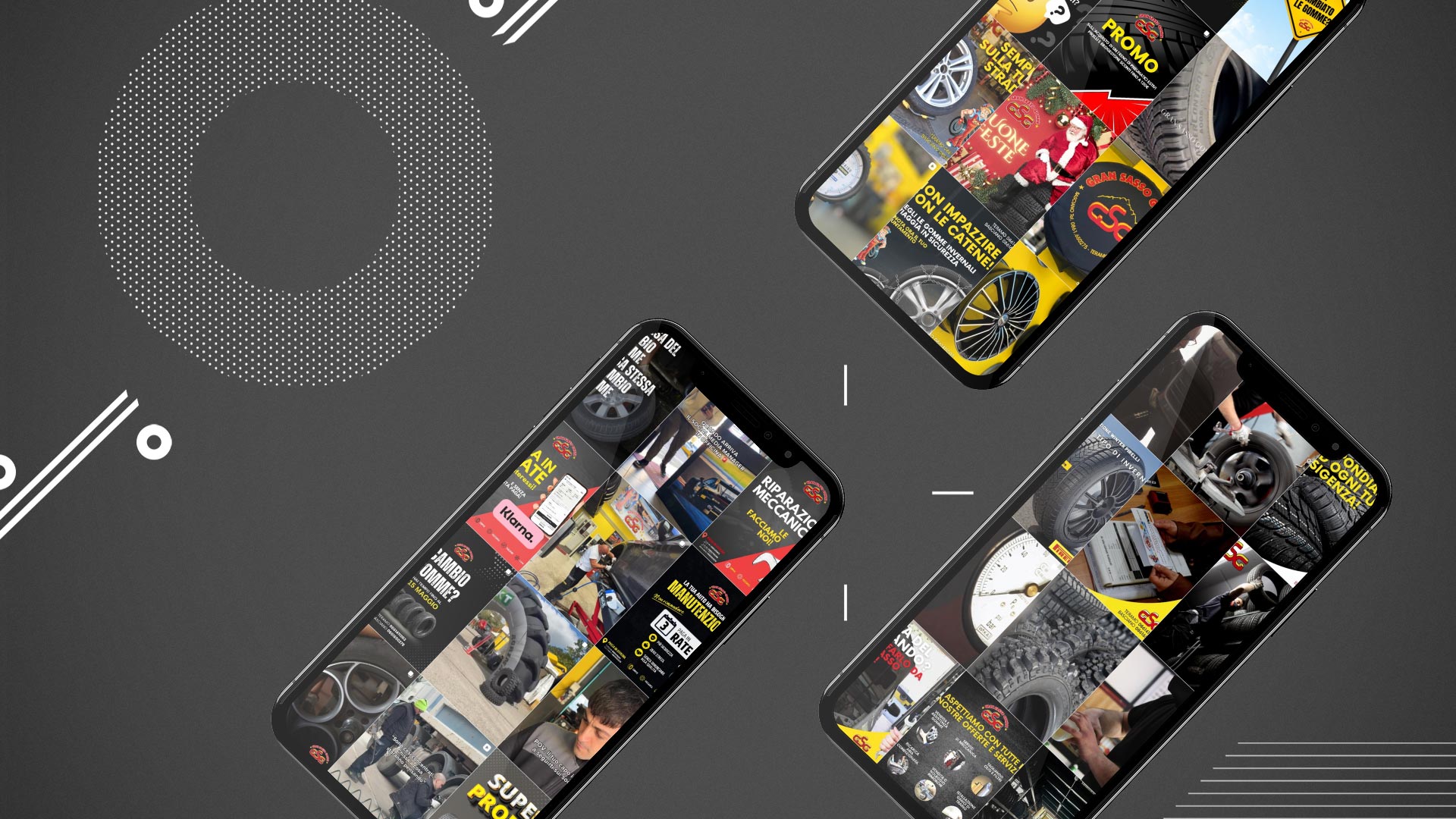 Mockup con tre iPhone XS e contenuti Instagram di Gran Sasso Gomme