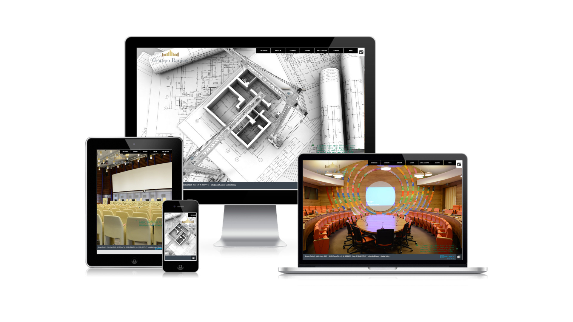 Mockup iMac sulla scrivania con Home Page responsive multi device del Sito Web del Gruppo Ranieri di Roma