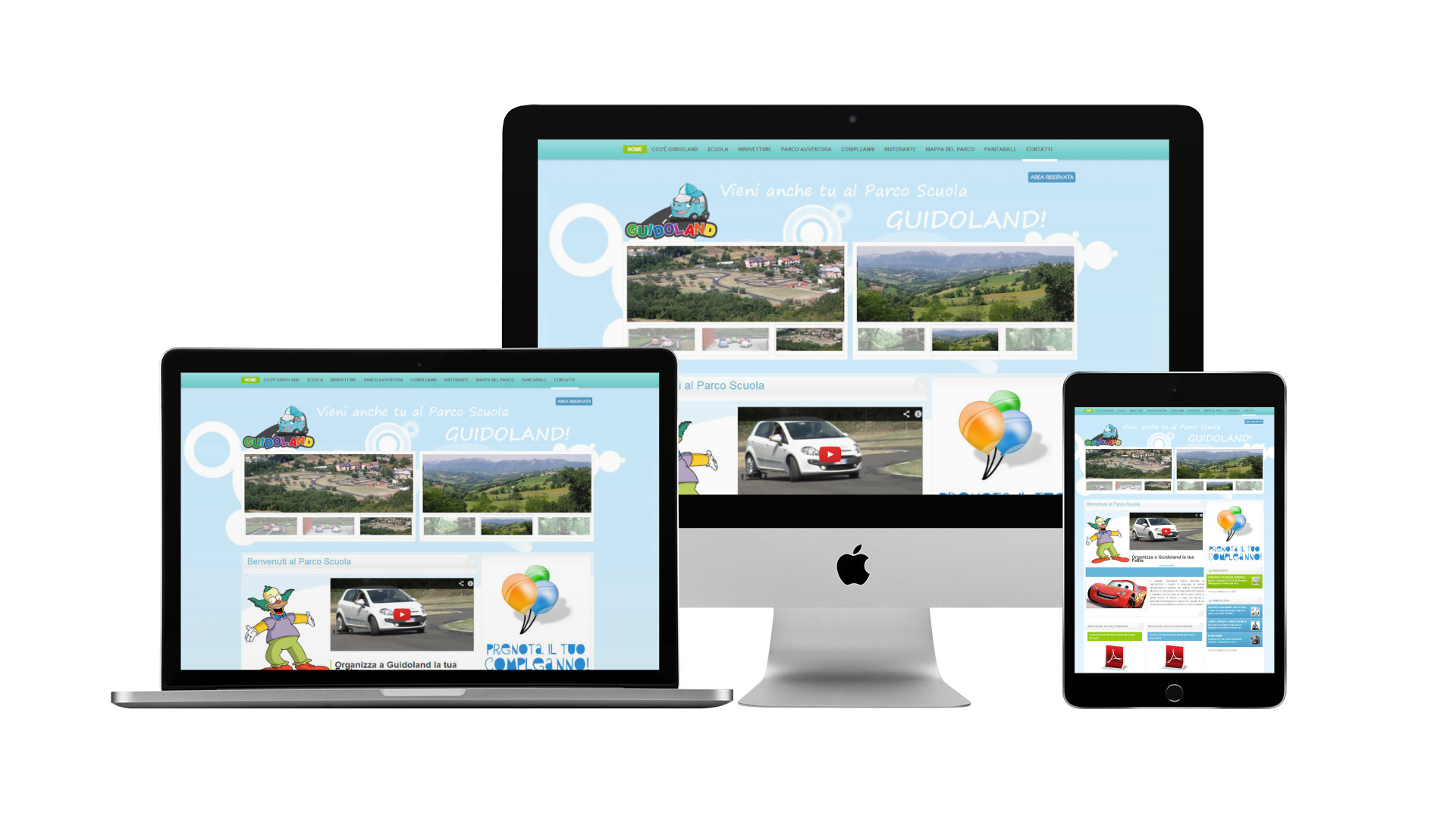 Mockup iMac sulla scrivania con Home Page responsive multi device del Sito Web di Guidoland di Ascoli Piceno