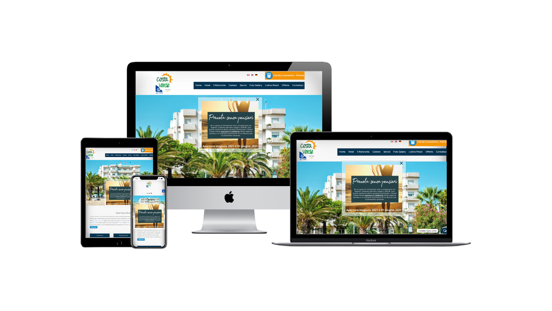 Mockup con Home Page responsive multi device del Sito Web dell'Hotel Costa Verde di Tortoreto Lido