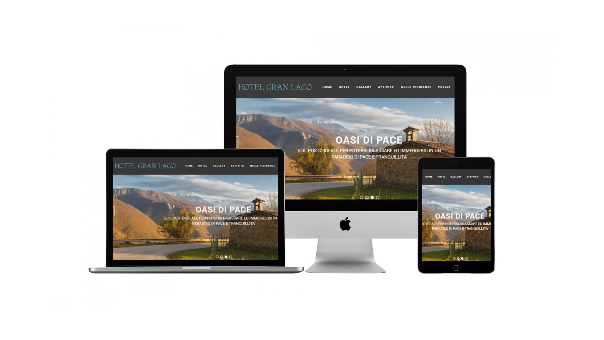 Mockup iMac sulla scrivania con Home Page responsive multi device del Sito Web dell'Hotel Gran Lago di L'Aquila