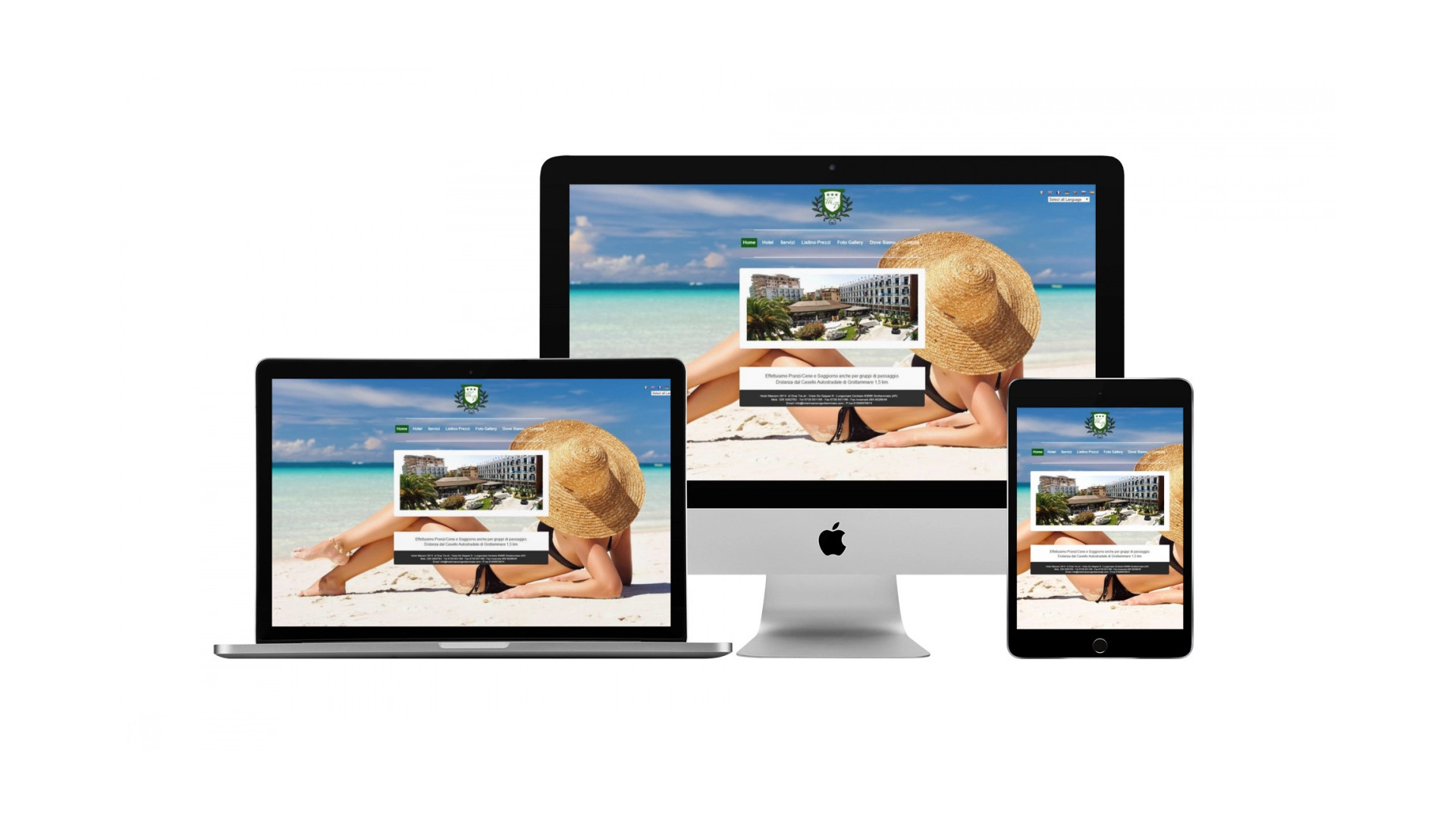Mockup iMac sulla scrivania con Home Page responsive multi device del Sito Web dell'Hotel Marconi di Grottammare