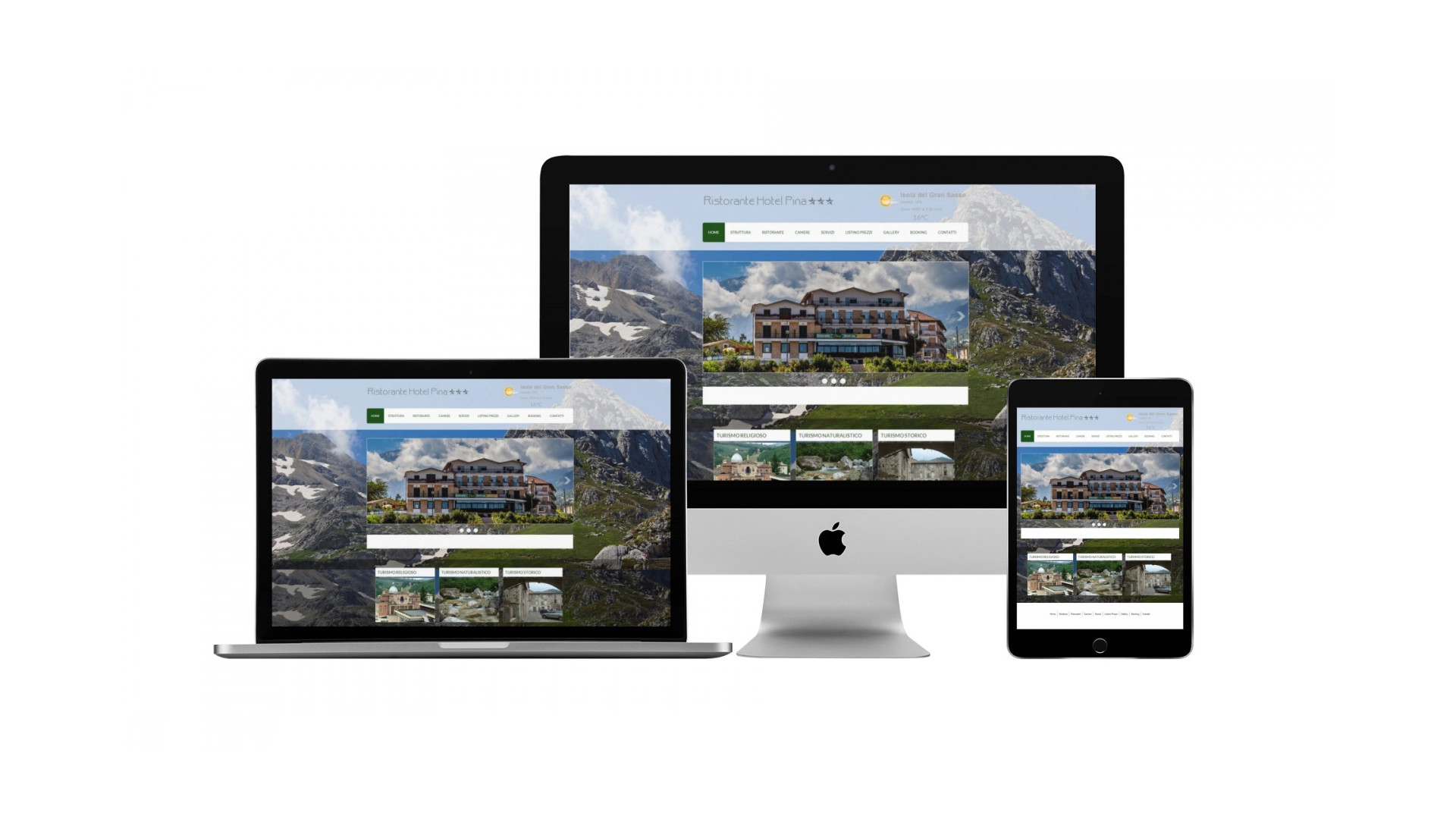 Sito dell'Hotel Pina visualizzato su computer, tablet e smartphone