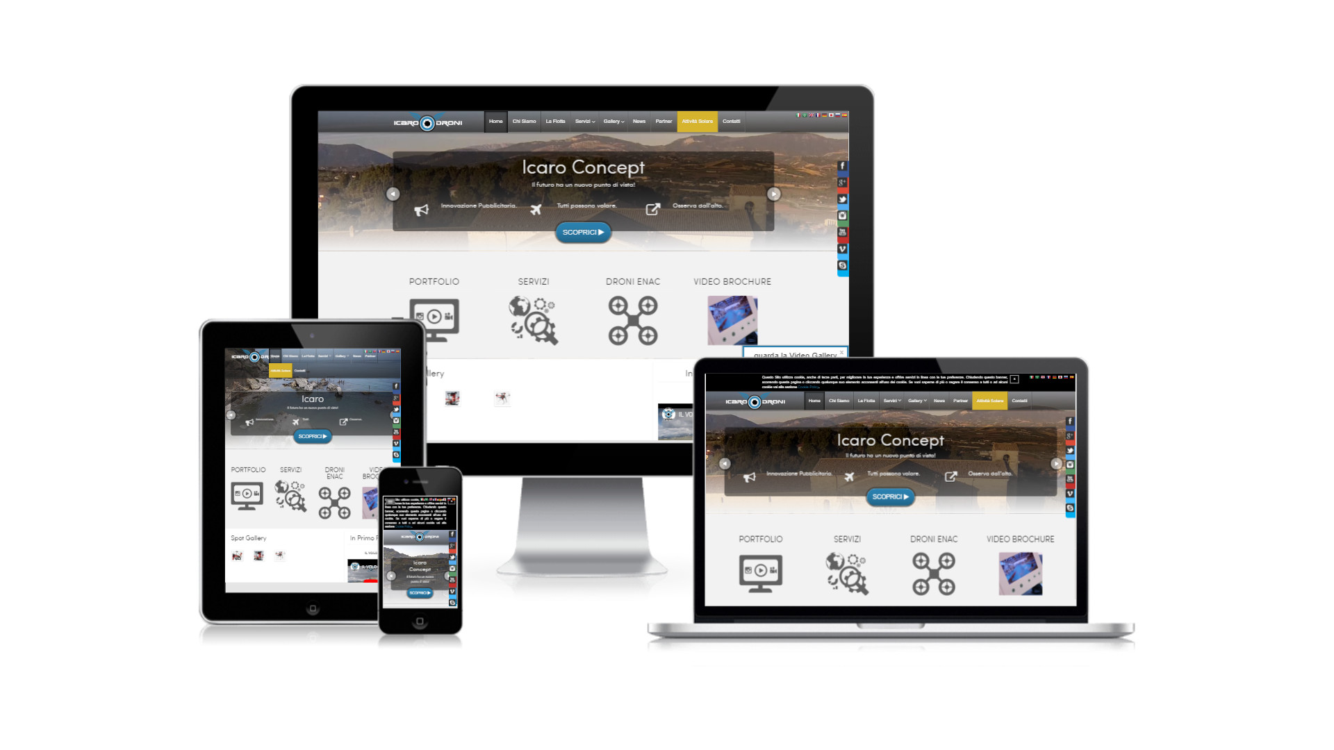Mockup iMac sulla scrivania con Home Page responsive multi device del Sito Web di Icaro Droni