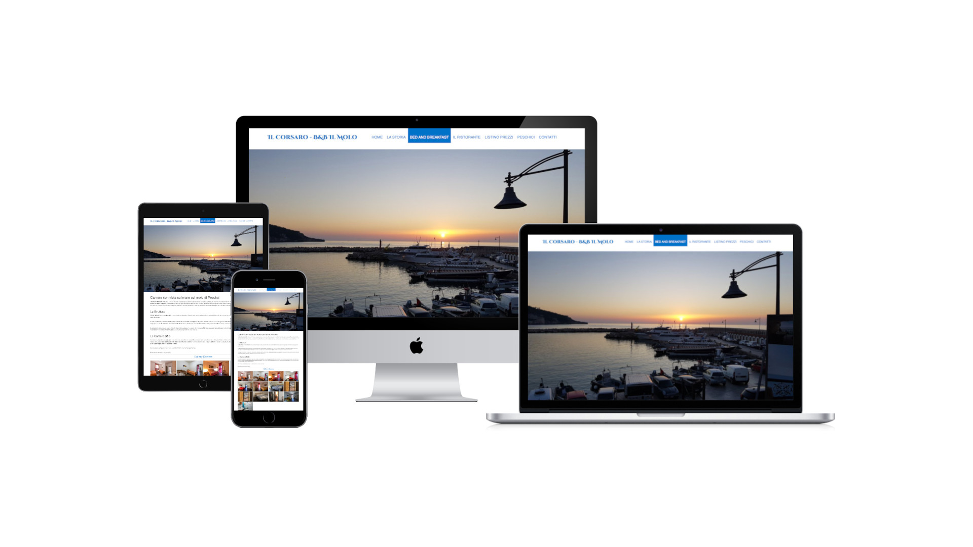 Mockup iMac sulla scrivania con Home Page responsive multi device del Sito Web de Il Corsaro di Peschici
