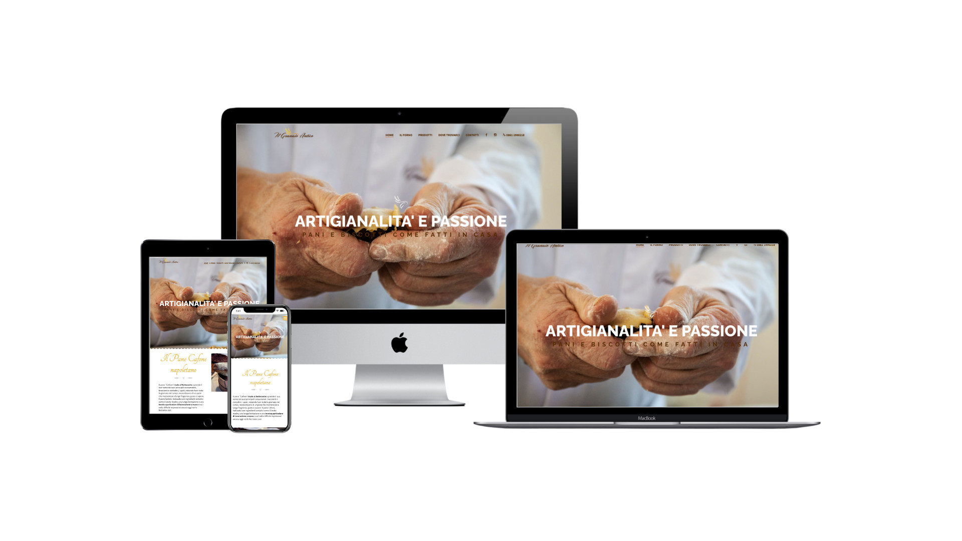 Sito responsive del Granaio Antico visualizzato su computer, tablet e smartphone