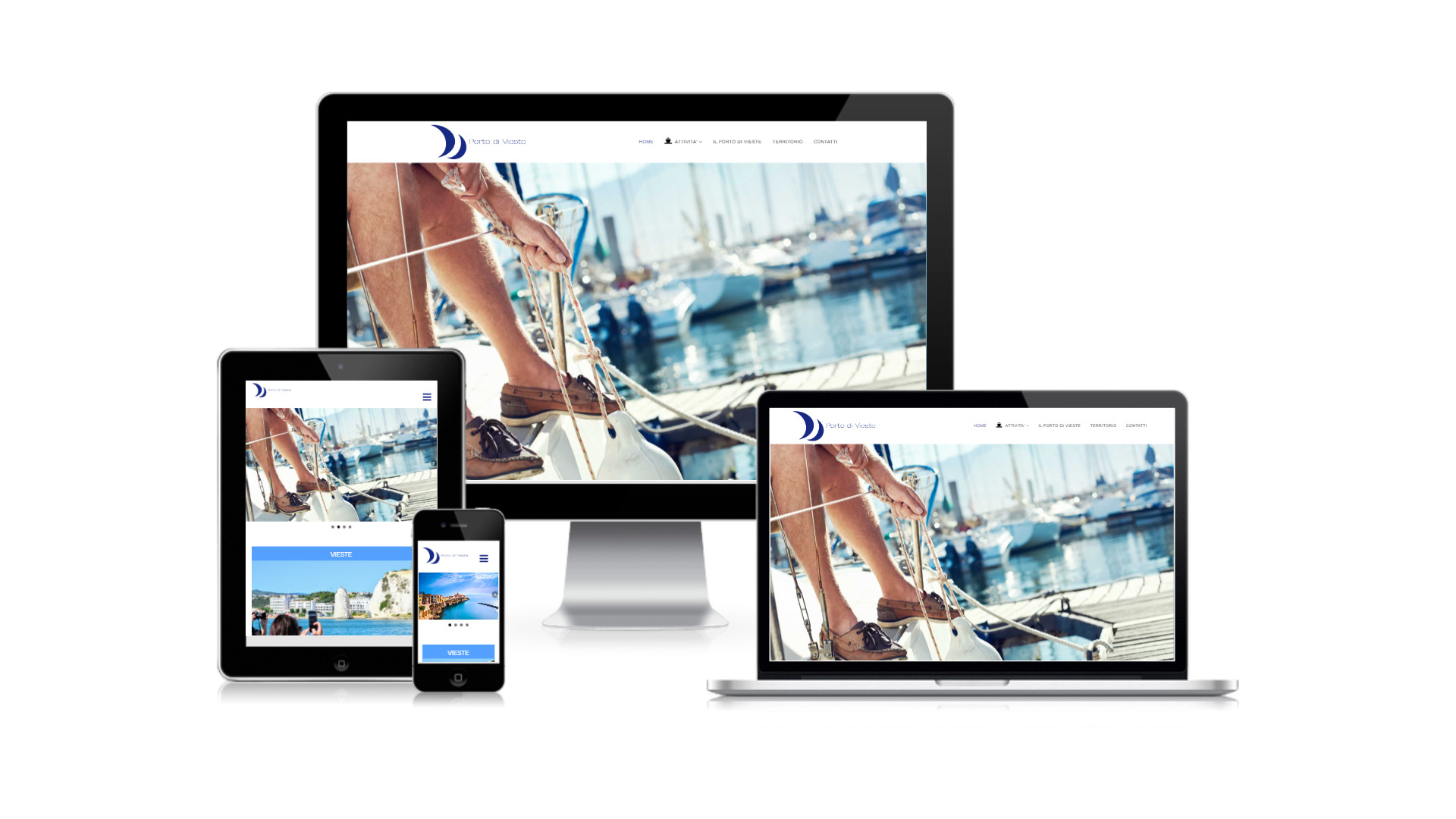 Mockup iMac iPad MacBook con Home Page responsive multi device del Sito Web del Porto di Vieste