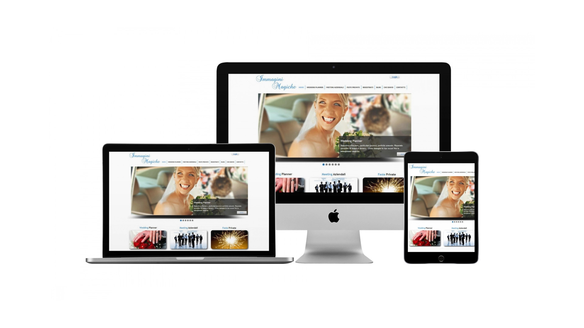Mockup iMac sulla scrivania con Home Page responsive multi device del Sito Web di Immagini Magiche di Teramo