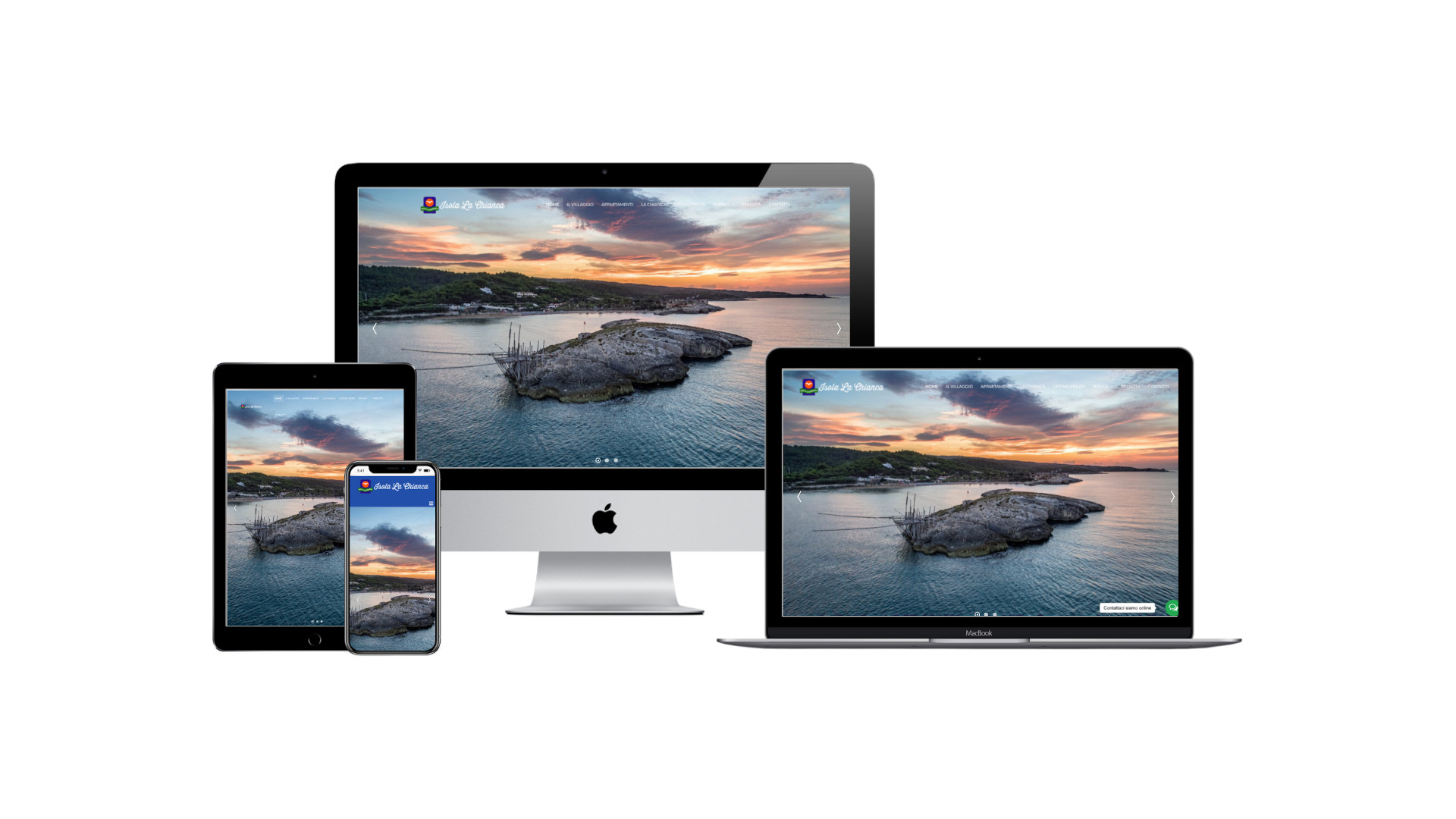 Mockup iMac sulla scrivania con Home Page responsive multi device del Sito Web di Isola La Chianca di Vieste