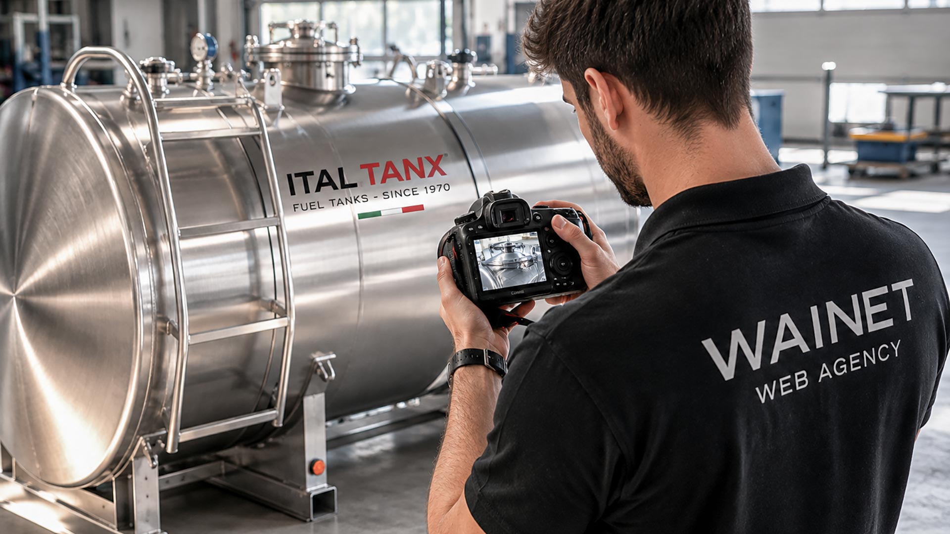 Fotografo durante shooting fotografico di un serbatoio in acciaio ITAL TANX in Abruzzo